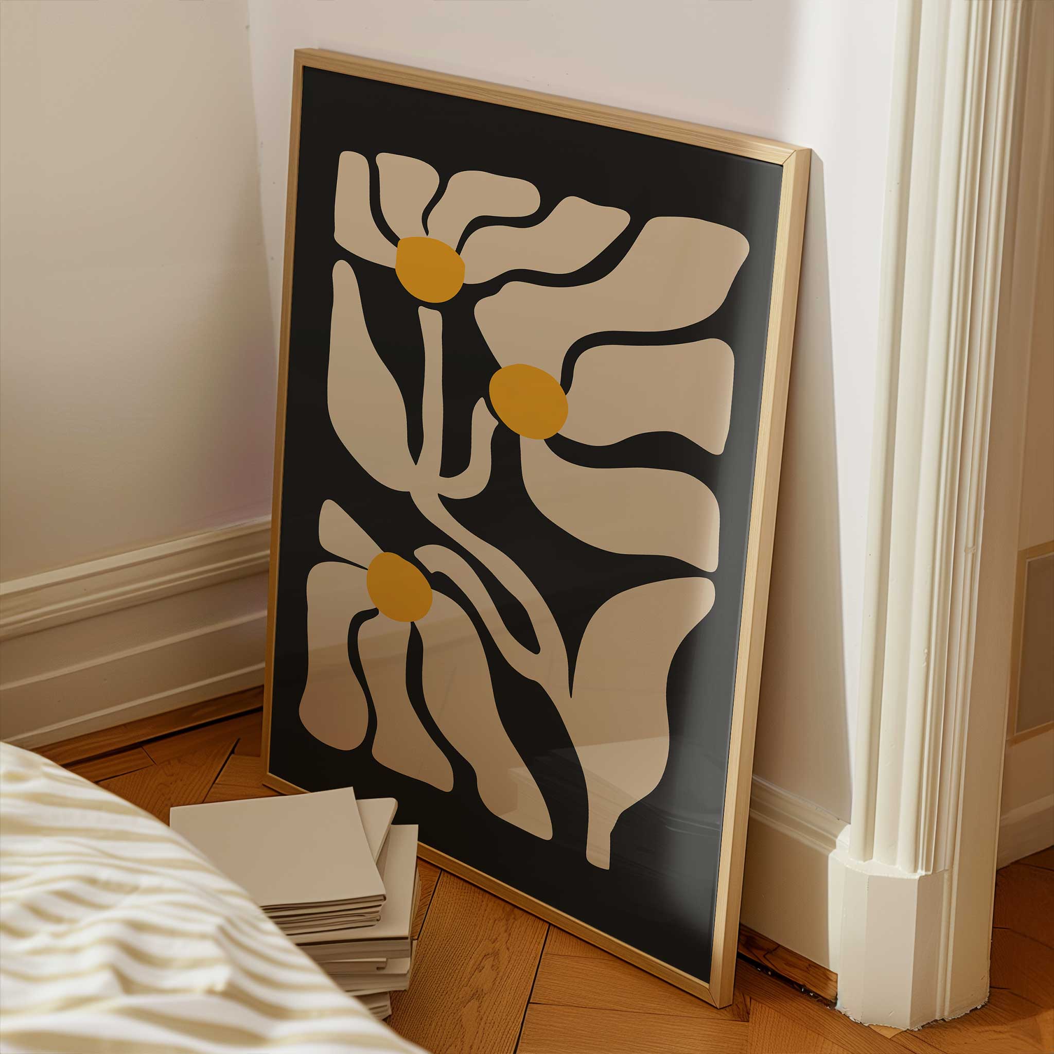 A playful retro print of three daisies with flowing lines and sunny yellow centers.