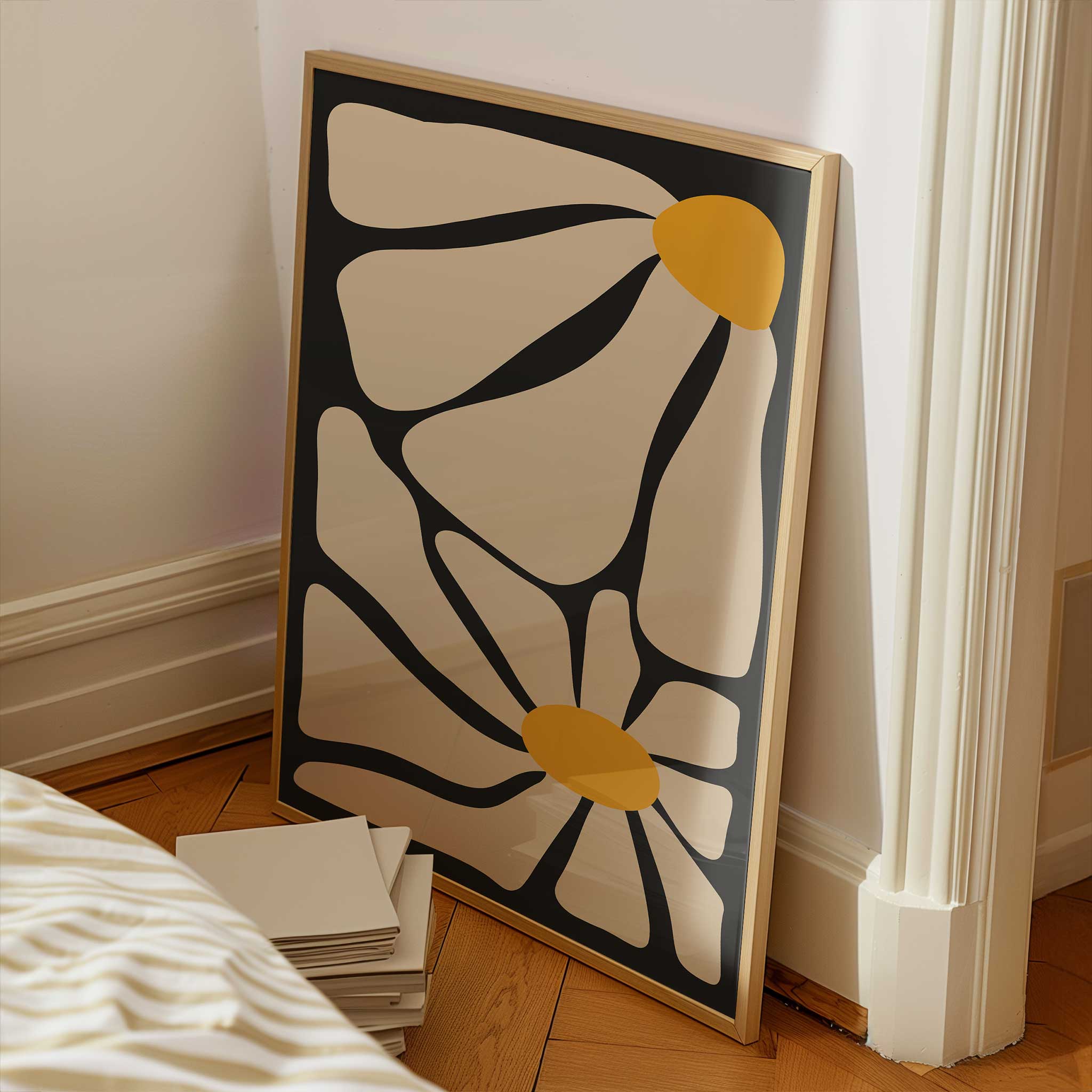 A minimal yet energetic abstract print of a daisy with bold petals and a warm center.