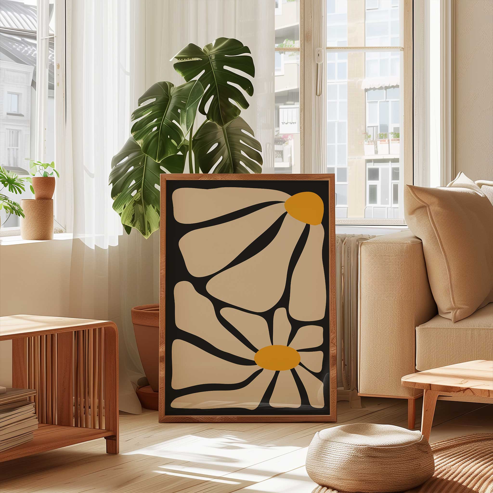 A minimal yet energetic abstract print of a daisy with bold petals and a warm center.
