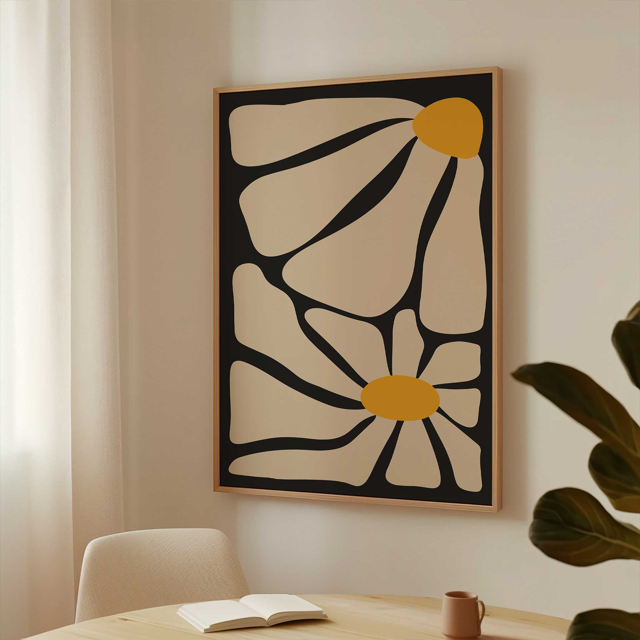 A minimal yet energetic abstract print of a daisy with bold petals and a warm center.
