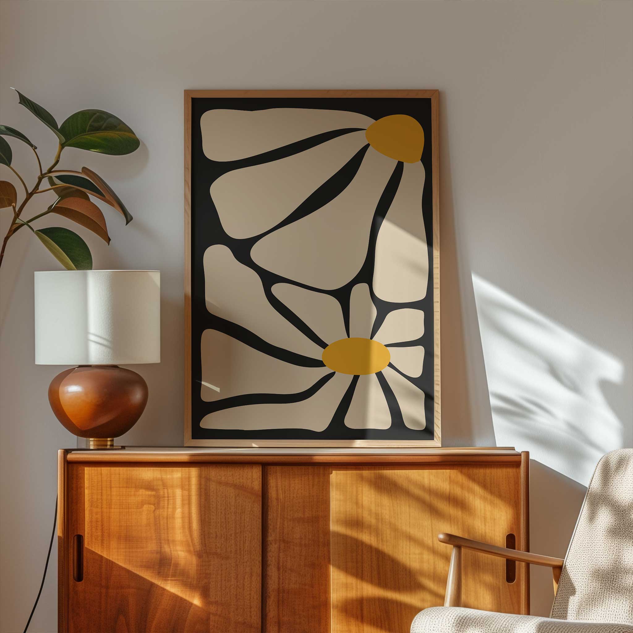 A minimal yet energetic abstract print of a daisy with bold petals and a warm center.