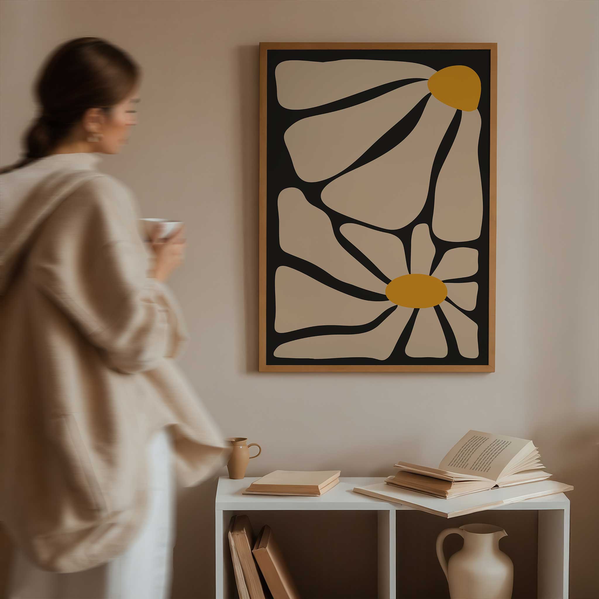 A minimal yet energetic abstract print of a daisy with bold petals and a warm center.