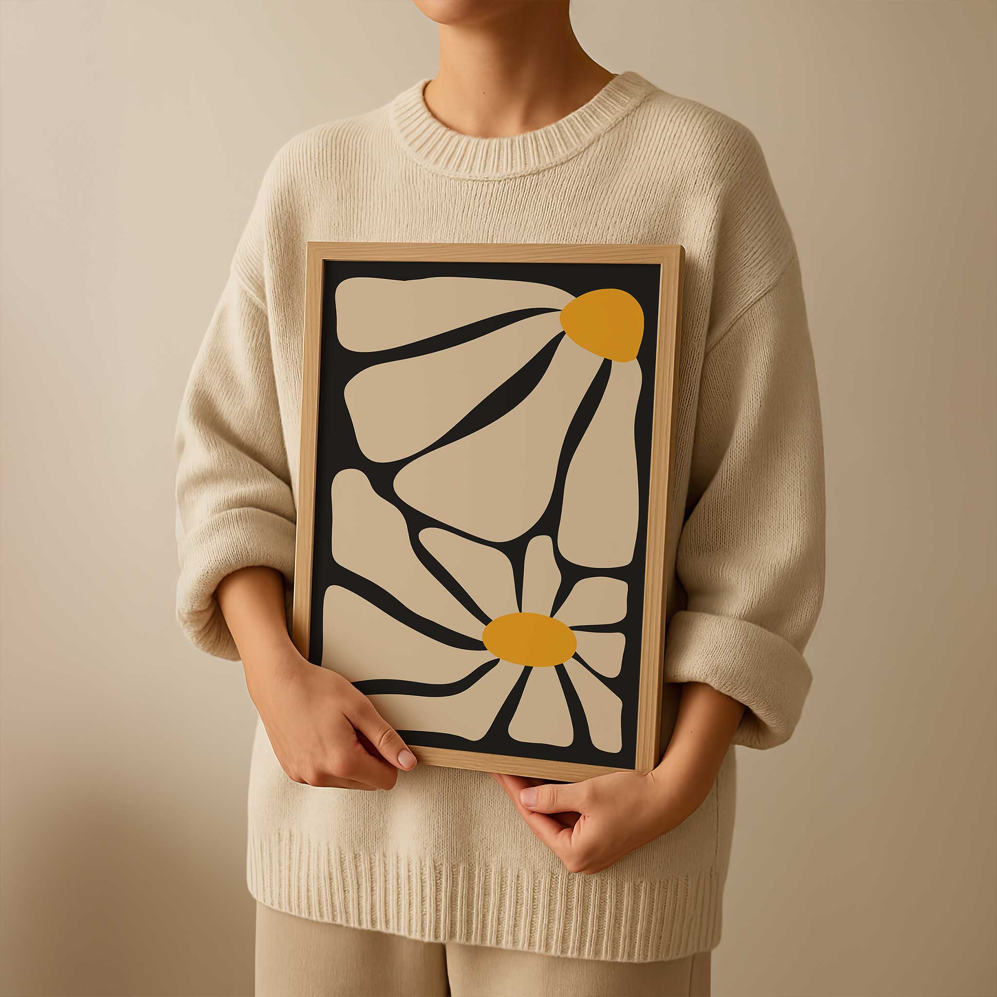 A minimal yet energetic abstract print of a daisy with bold petals and a warm center.