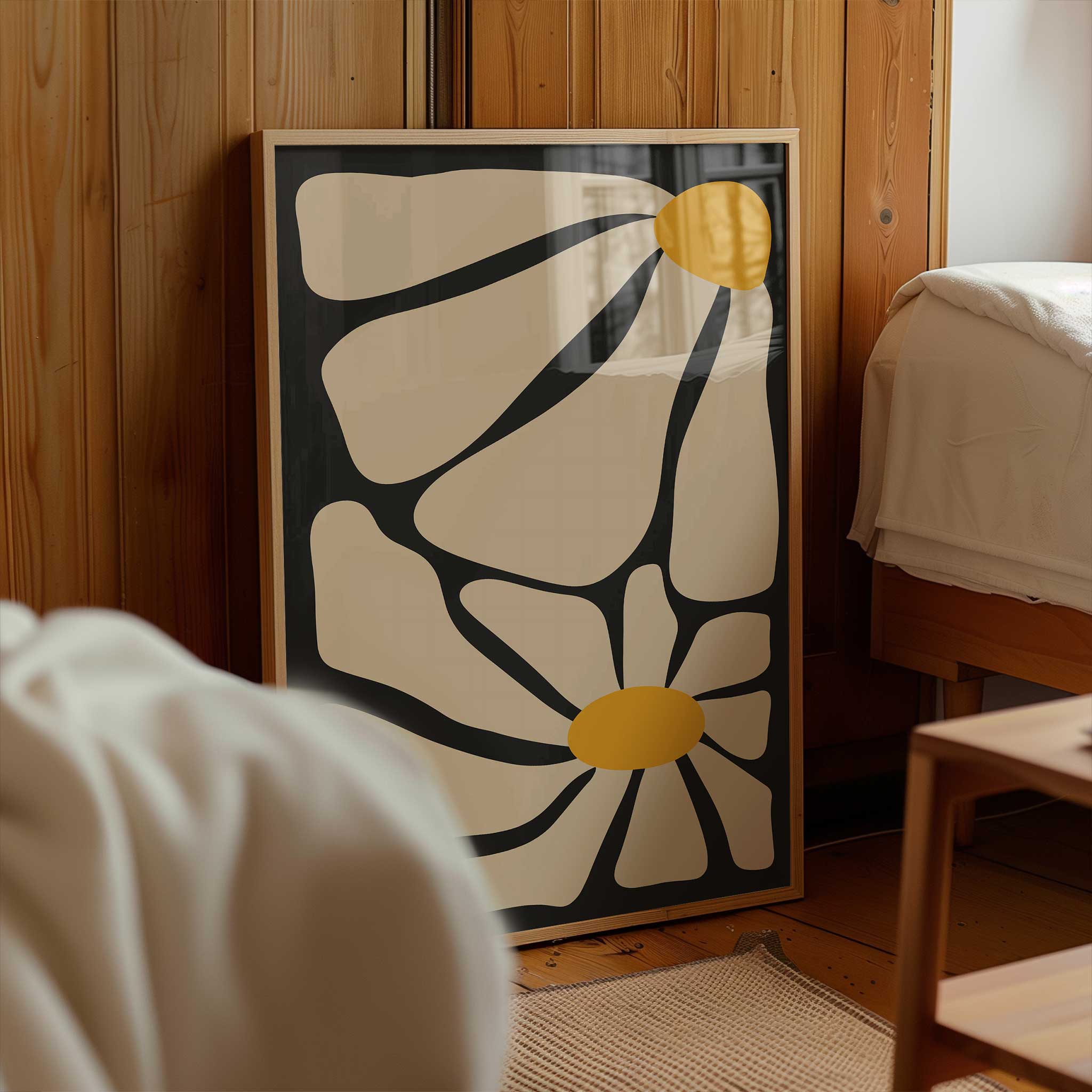A minimal yet energetic abstract print of a daisy with bold petals and a warm center.
