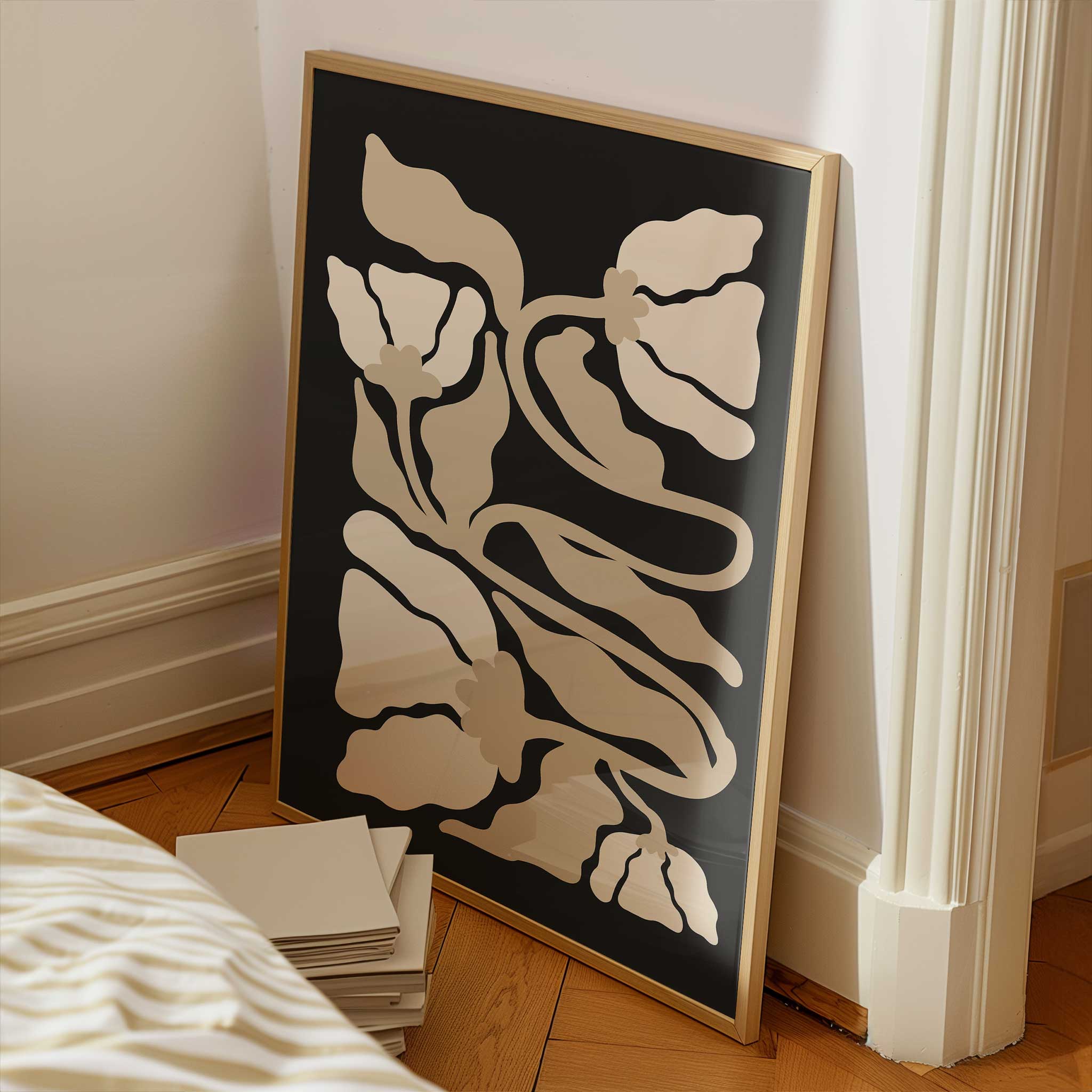 Elegant minimalist line art of botanical leaves and stems in soft, neutral tones with flowing curves.