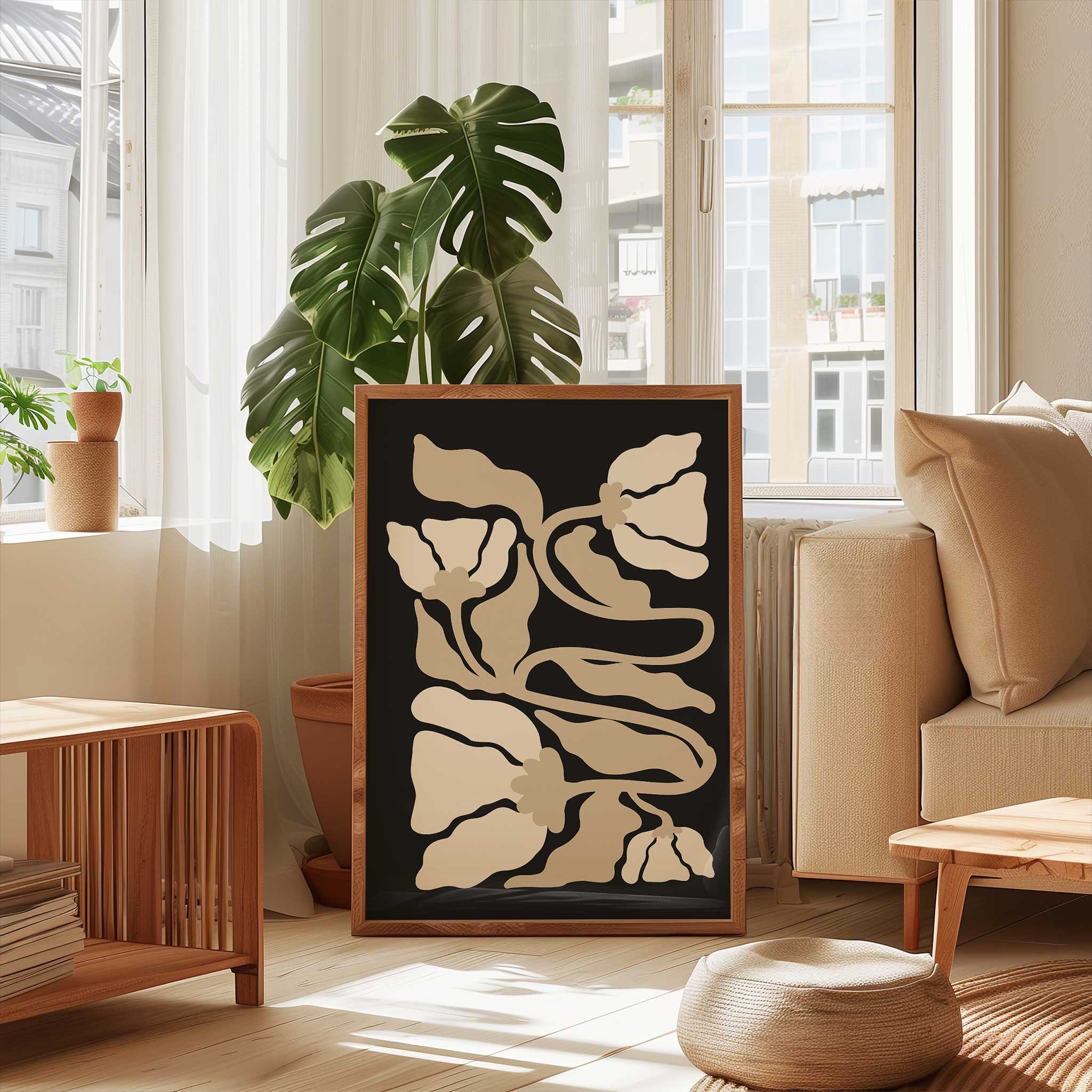 Elegant minimalist line art of botanical leaves and stems in soft, neutral tones with flowing curves.