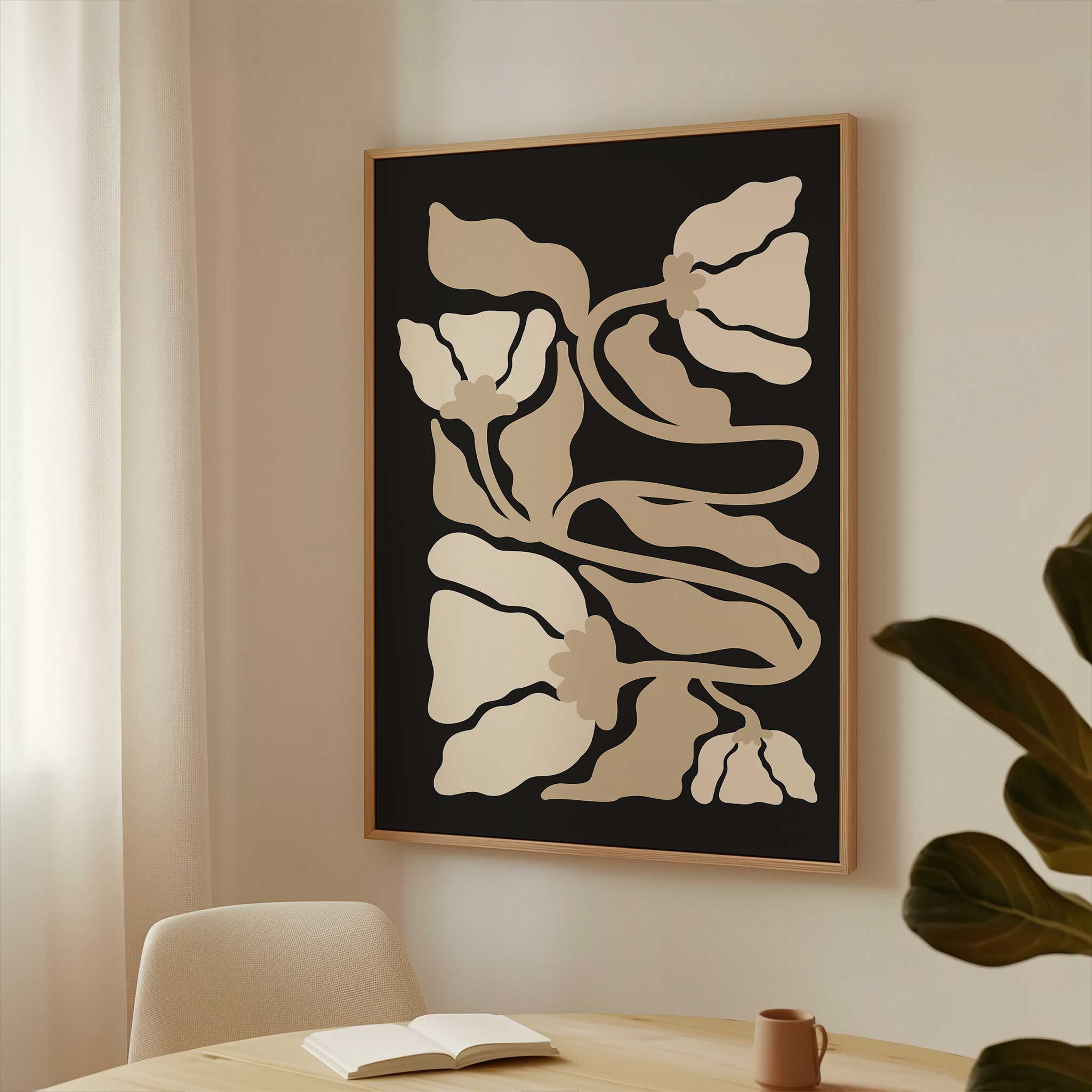 Elegant minimalist line art of botanical leaves and stems in soft, neutral tones with flowing curves.