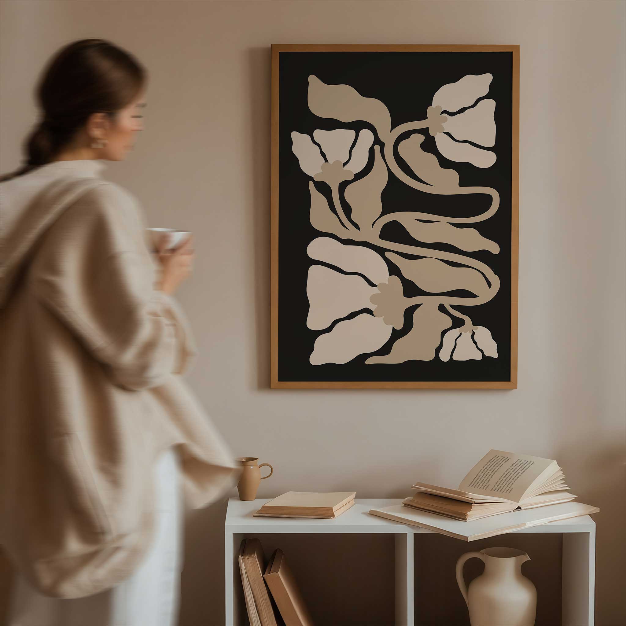 Elegant minimalist line art of botanical leaves and stems in soft, neutral tones with flowing curves.