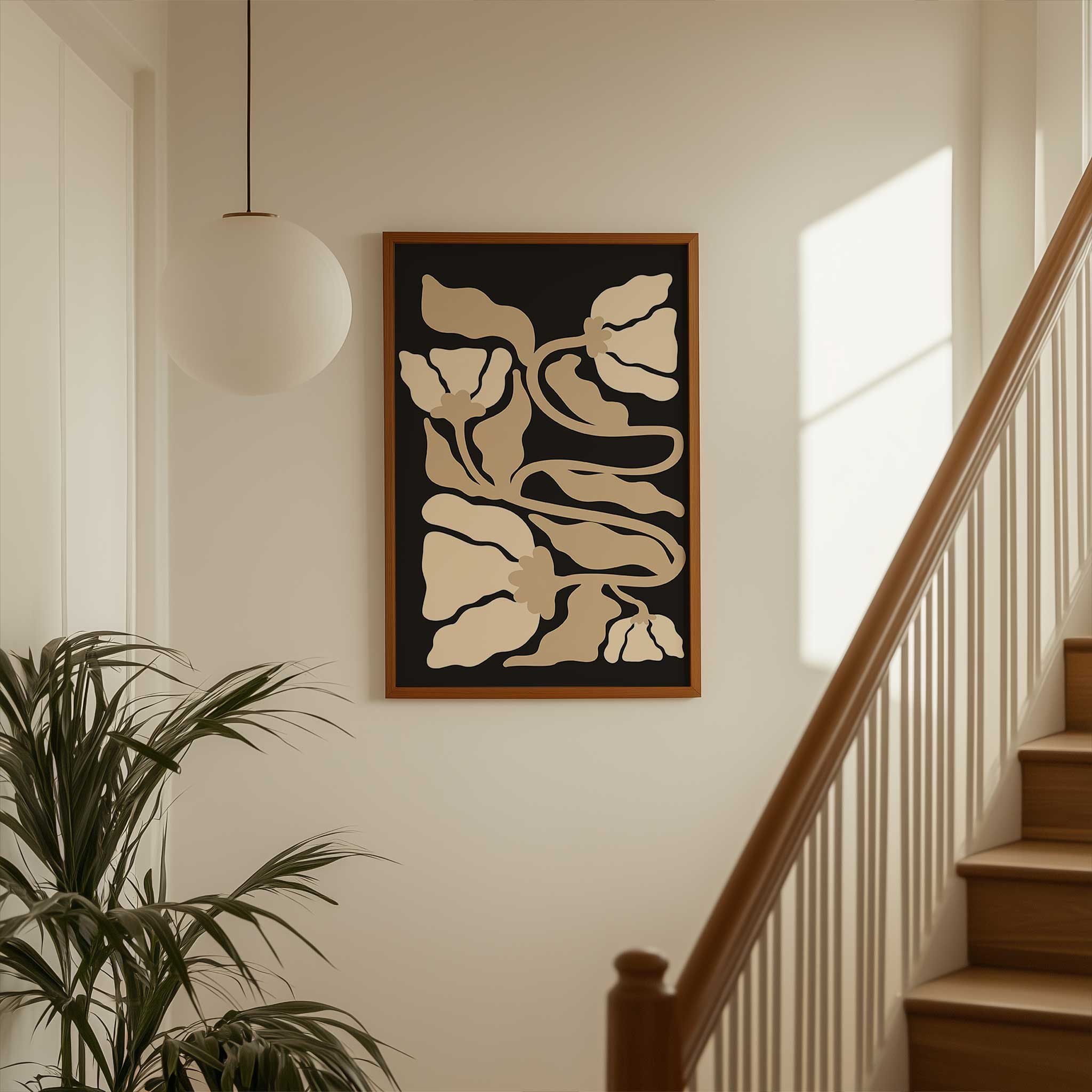 Elegant minimalist line art of botanical leaves and stems in soft, neutral tones with flowing curves.