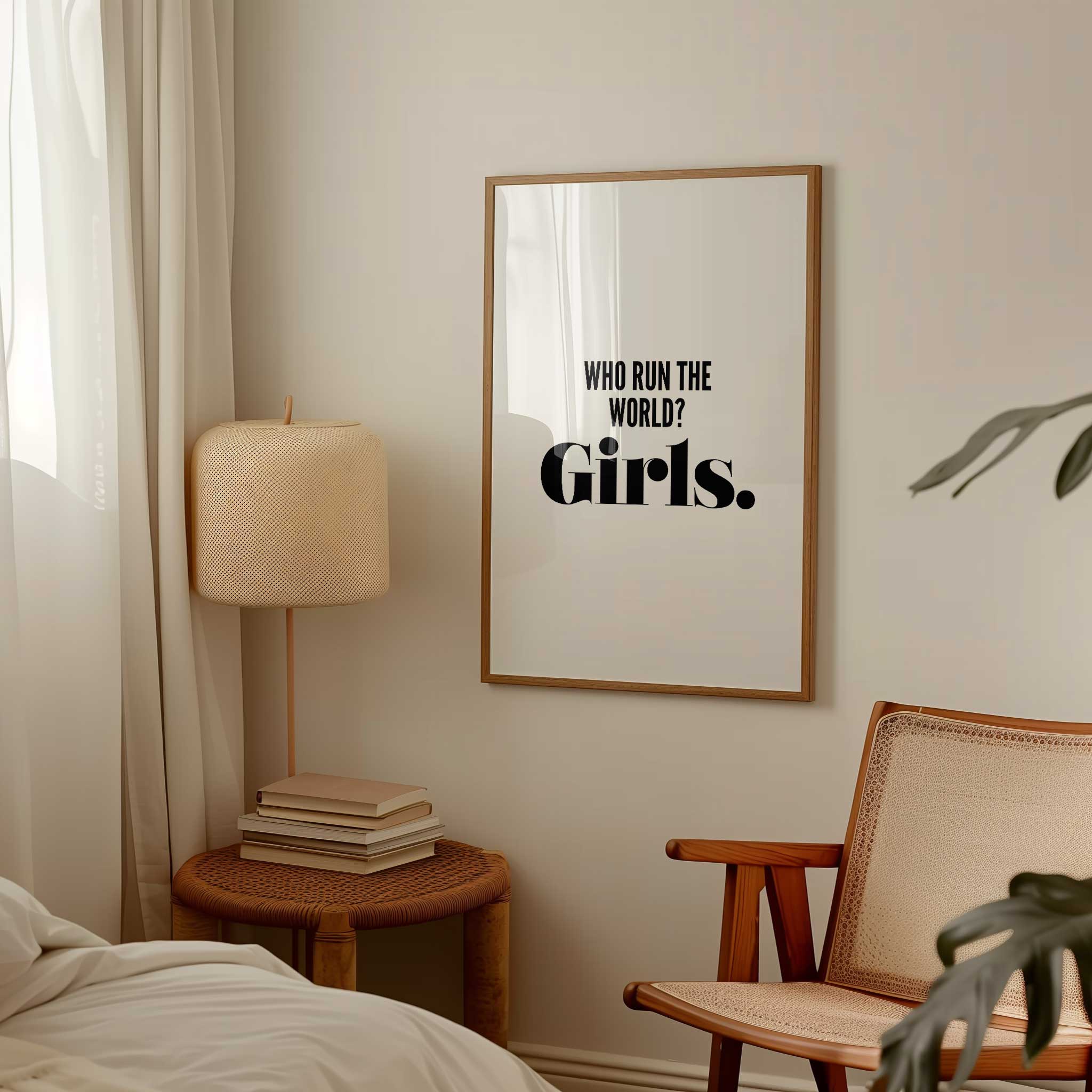 Who Run the World? Girls.' empowering typography, modern wall decor for a strength aesthetic, titled 'Who Run the World? Girls.'