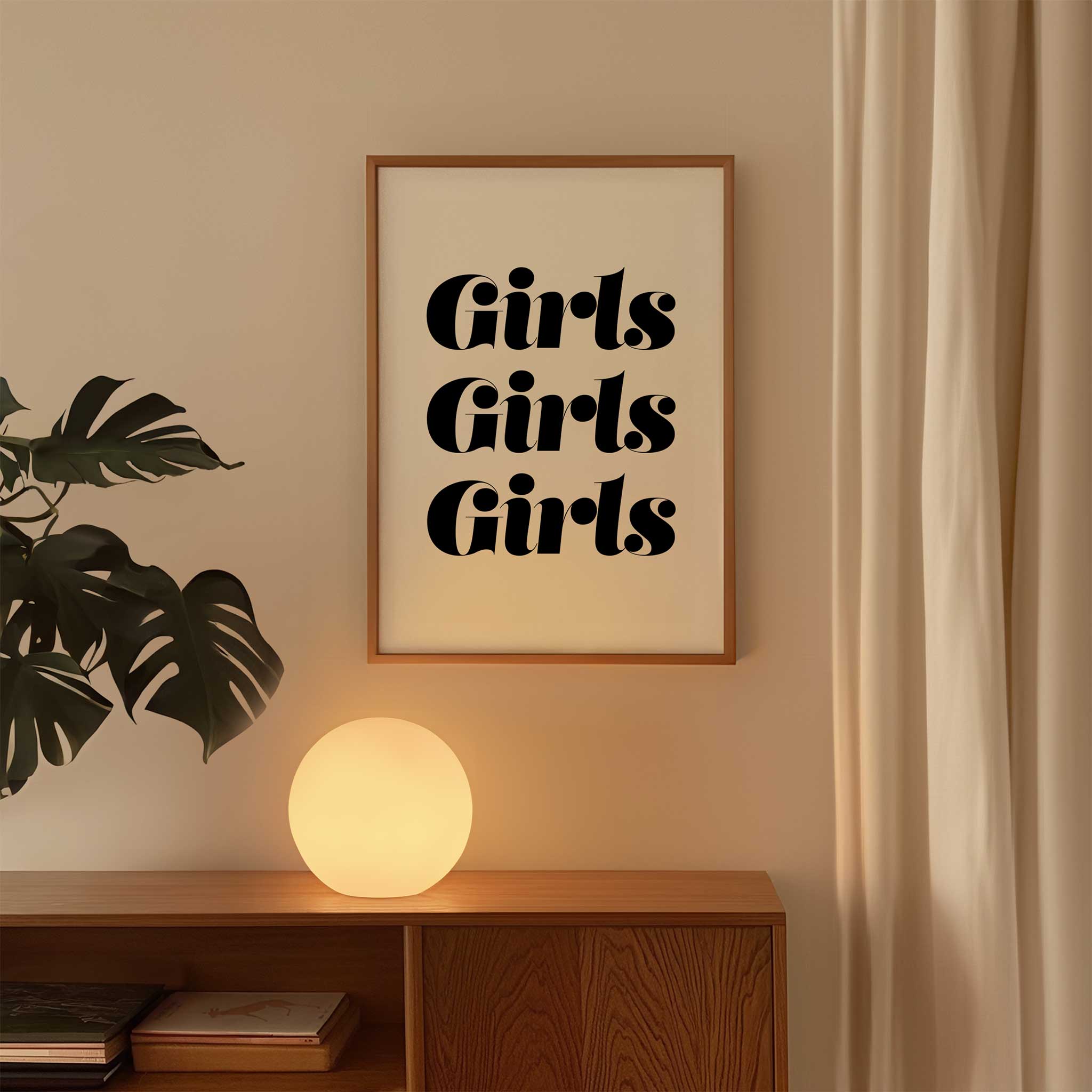 Girls Girls Girls' stylish typography, wall art for living room celebrating girlhood aesthetic, titled 'Girls Girls Girls'