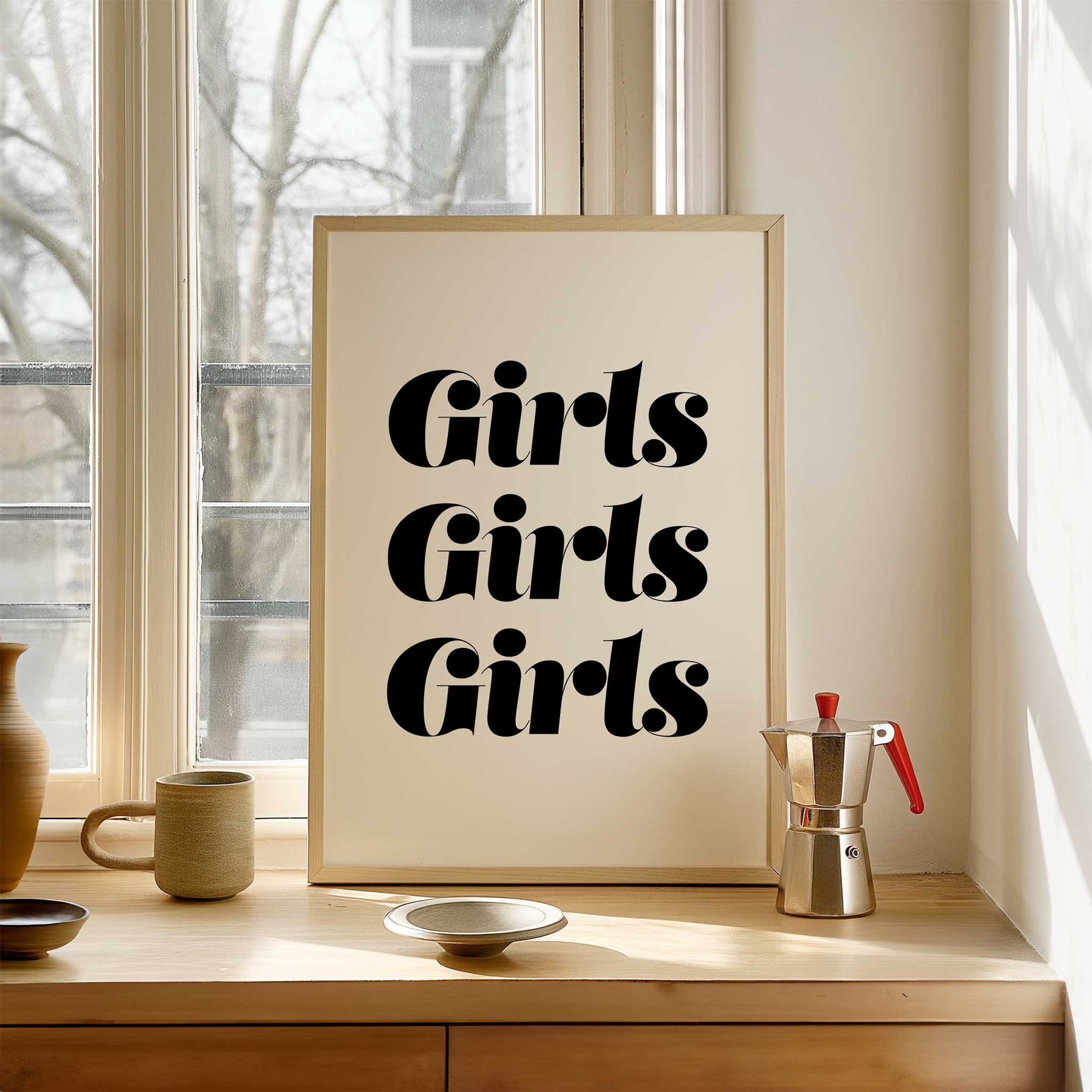 Girls Girls Girls' stylish typography, wall art for living room celebrating girlhood aesthetic, titled 'Girls Girls Girls'
