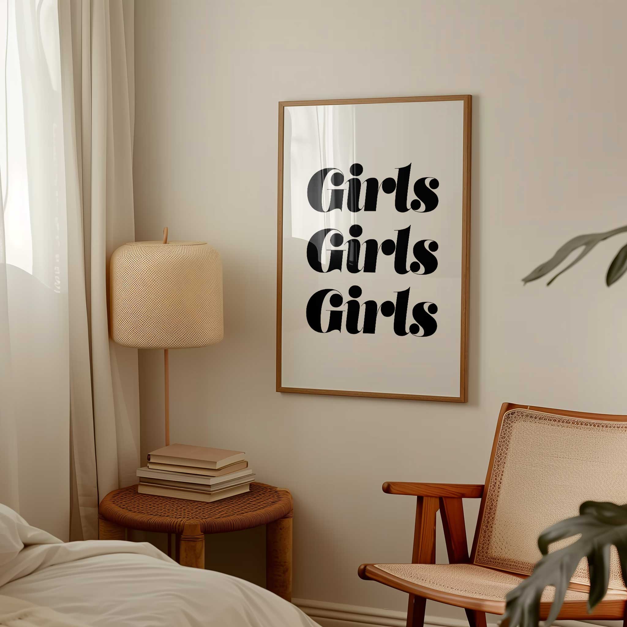 Girls Girls Girls' stylish typography, wall art for living room celebrating girlhood aesthetic, titled 'Girls Girls Girls'