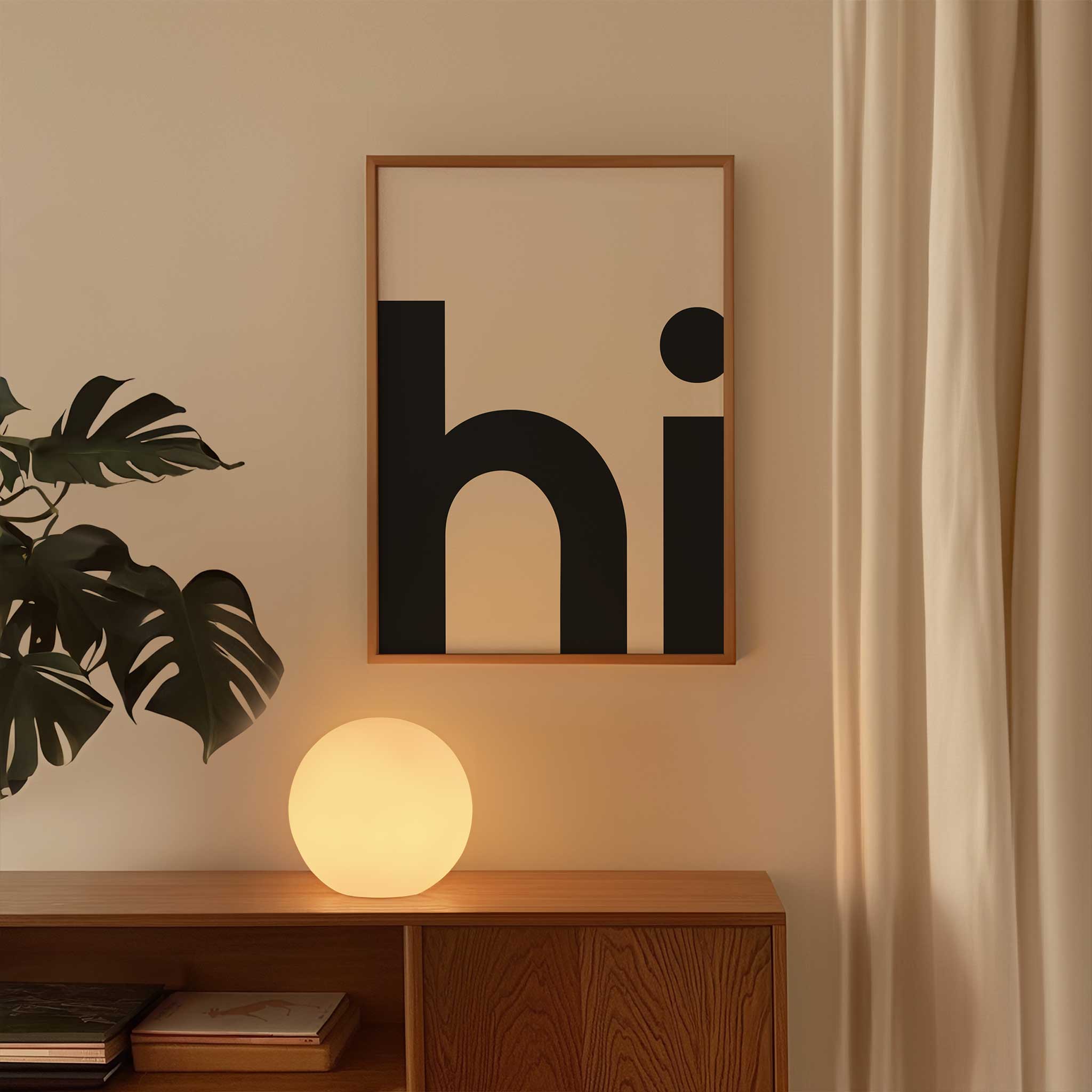 HI Poster' uplifting typography, minimalist wall art for a warm modern aesthetic, titled 'HI Poster'