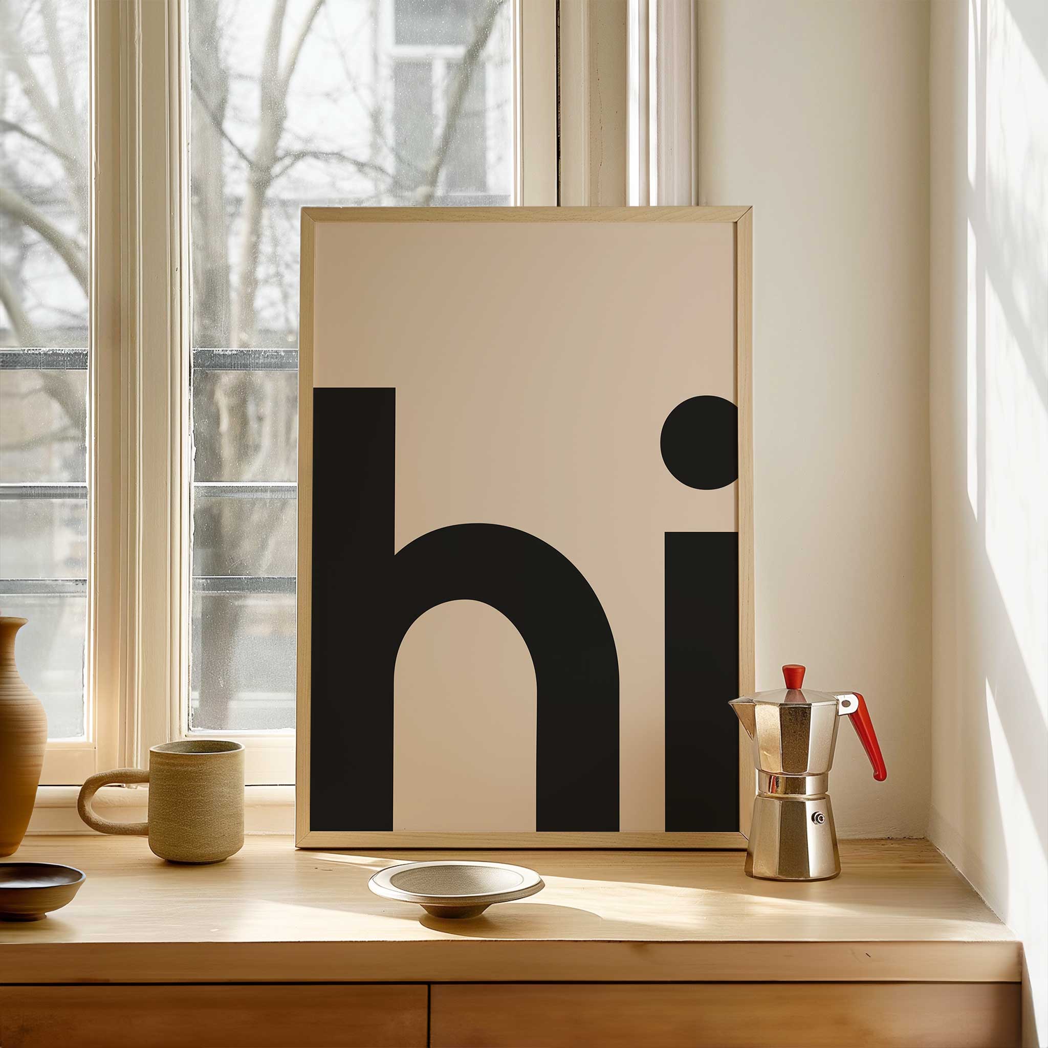 HI Poster' uplifting typography, minimalist wall art for a warm modern aesthetic, titled 'HI Poster'