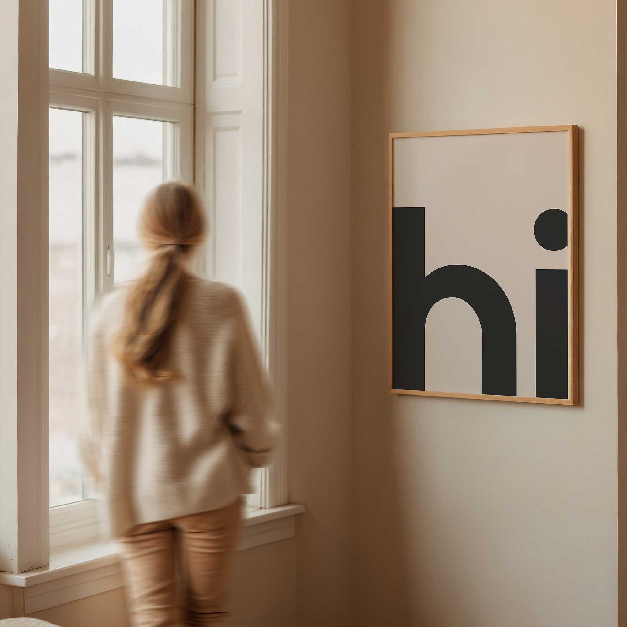 HI Poster' uplifting typography, minimalist wall art for a warm modern aesthetic, titled 'HI Poster'