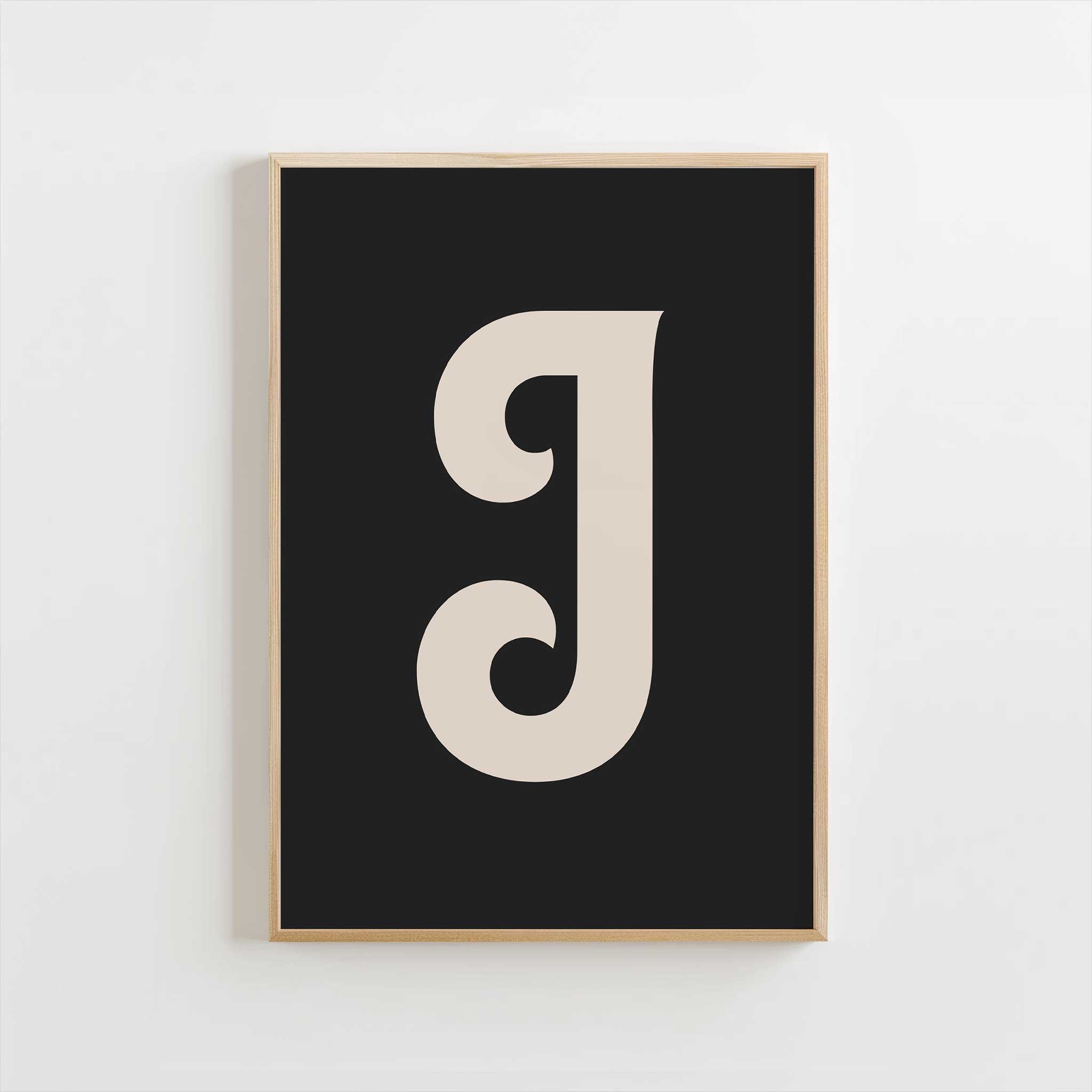 Chic black letter 'J' monogram, minimalist print for a timeless aesthetic, titled 'Modern Monogram Art Print - J Black'