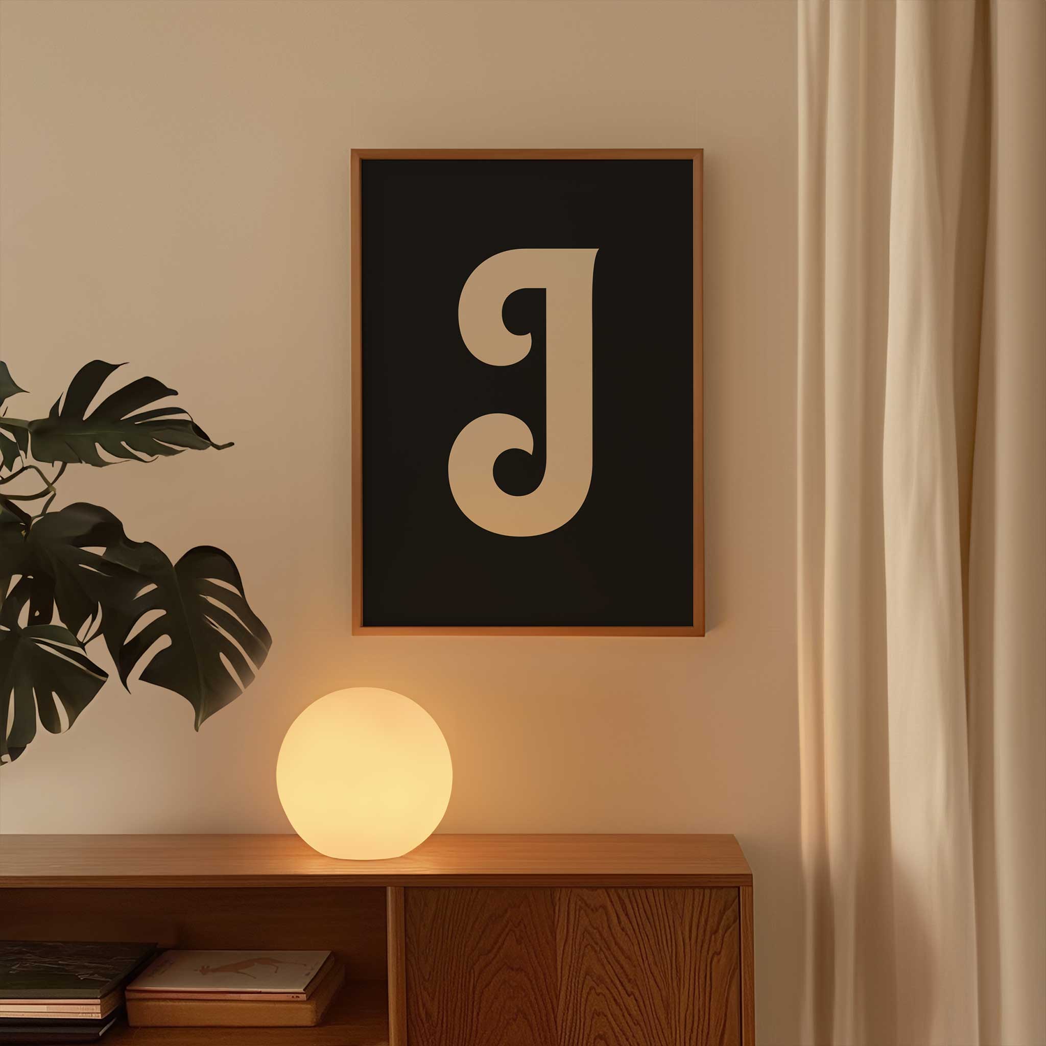 Chic black letter 'J' monogram, minimalist print for a timeless aesthetic, titled 'Modern Monogram Art Print - J Black'