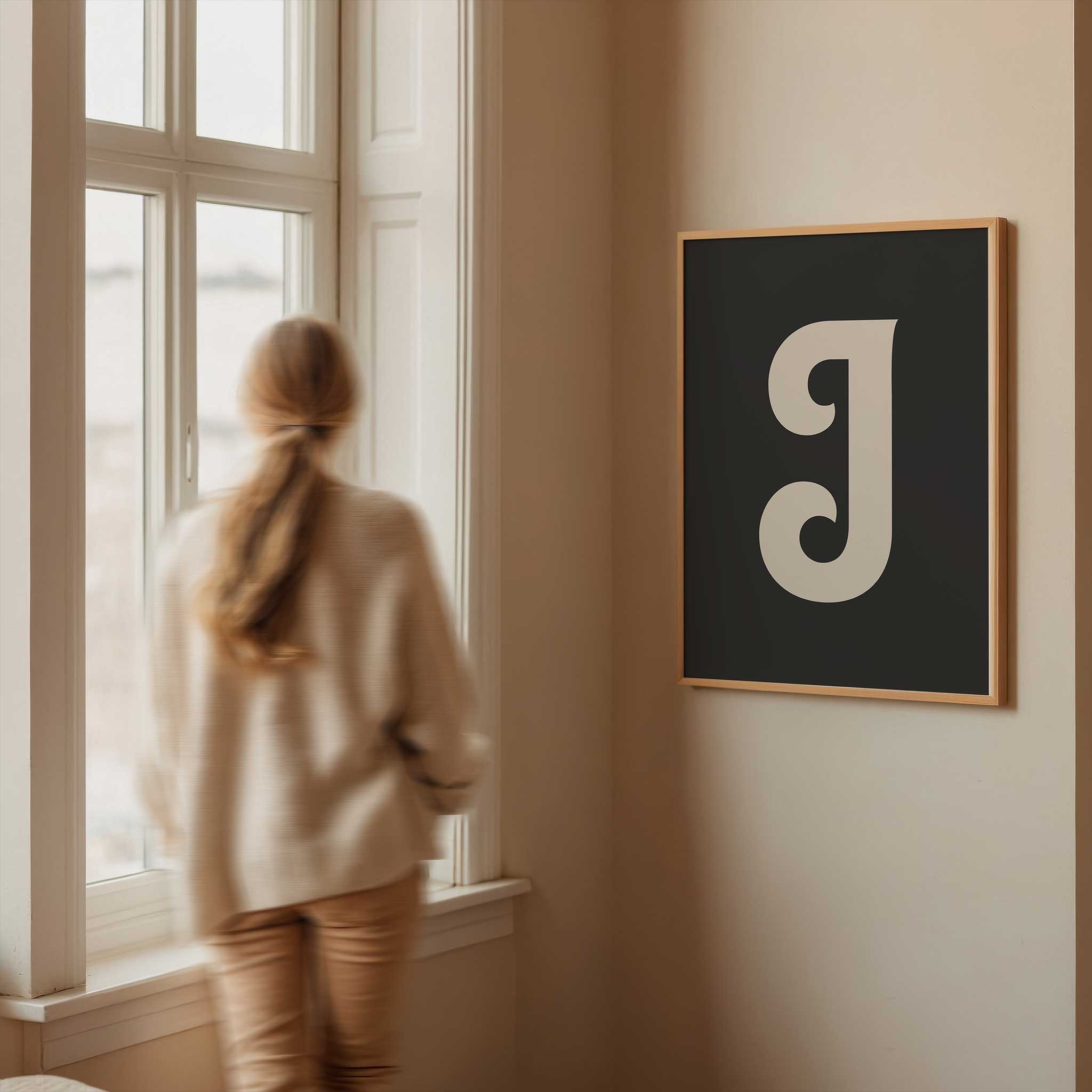 Chic black letter 'J' monogram, minimalist print for a timeless aesthetic, titled 'Modern Monogram Art Print - J Black'