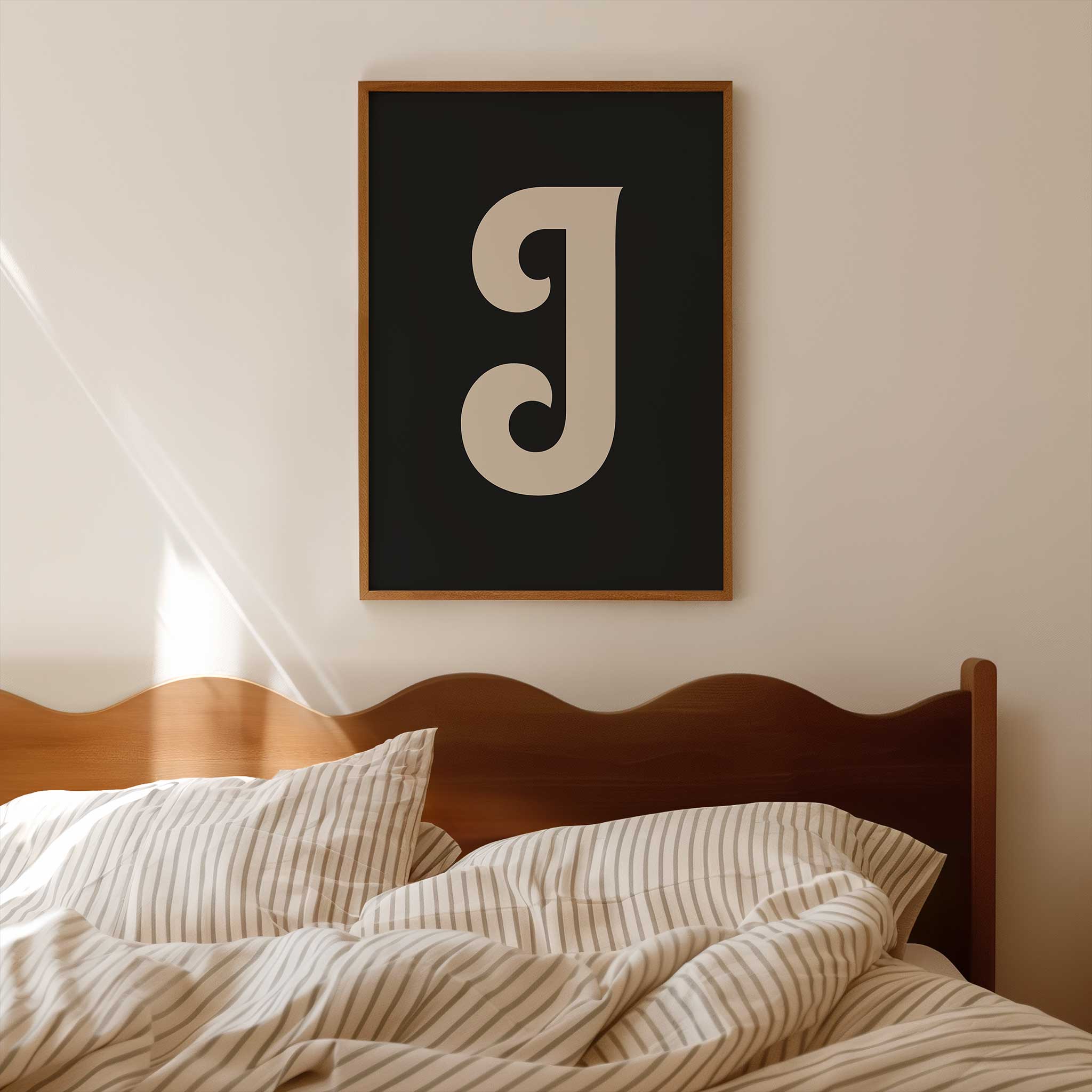Chic black letter 'J' monogram, minimalist print for a timeless aesthetic, titled 'Modern Monogram Art Print - J Black'