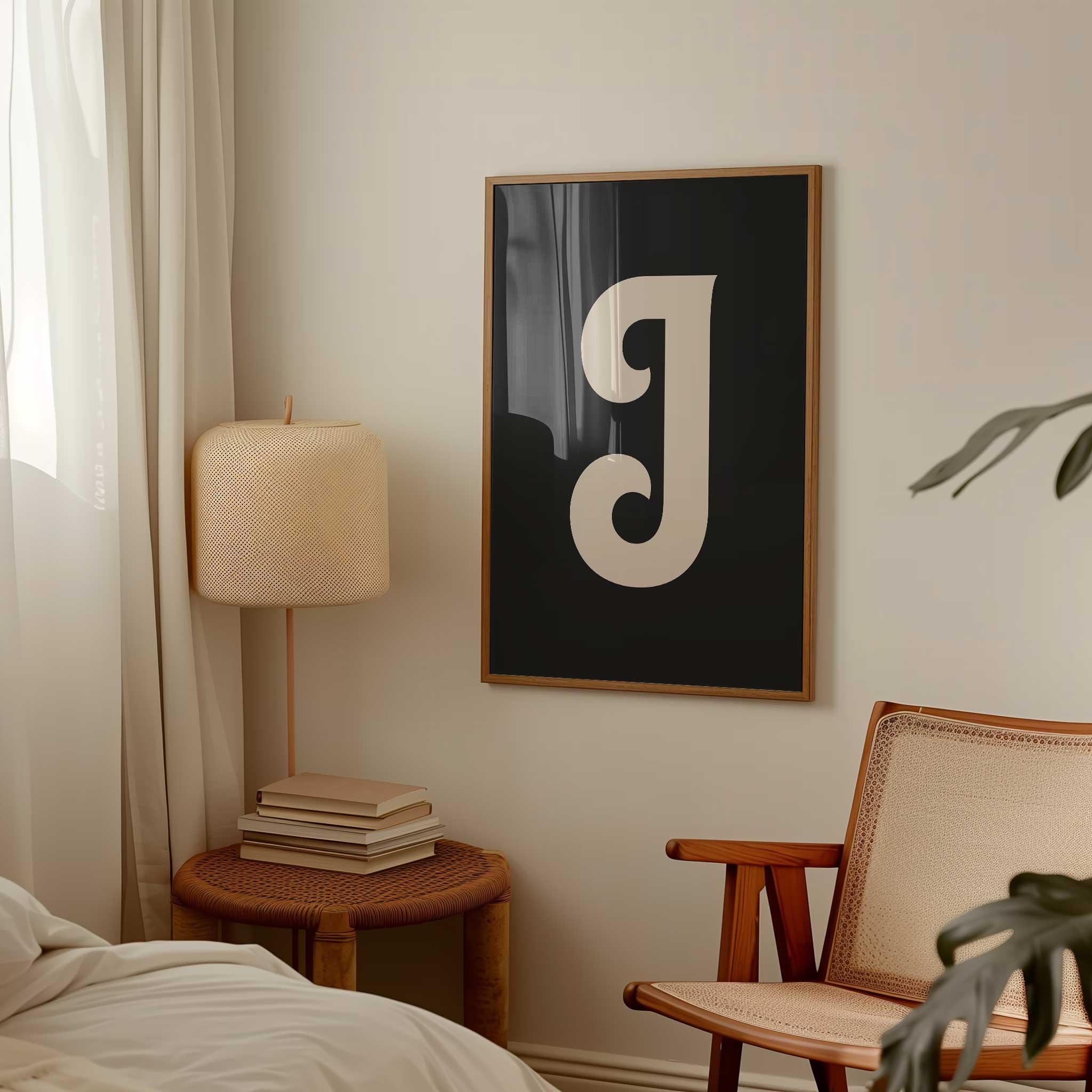 Chic black letter 'J' monogram, minimalist print for a timeless aesthetic, titled 'Modern Monogram Art Print - J Black'