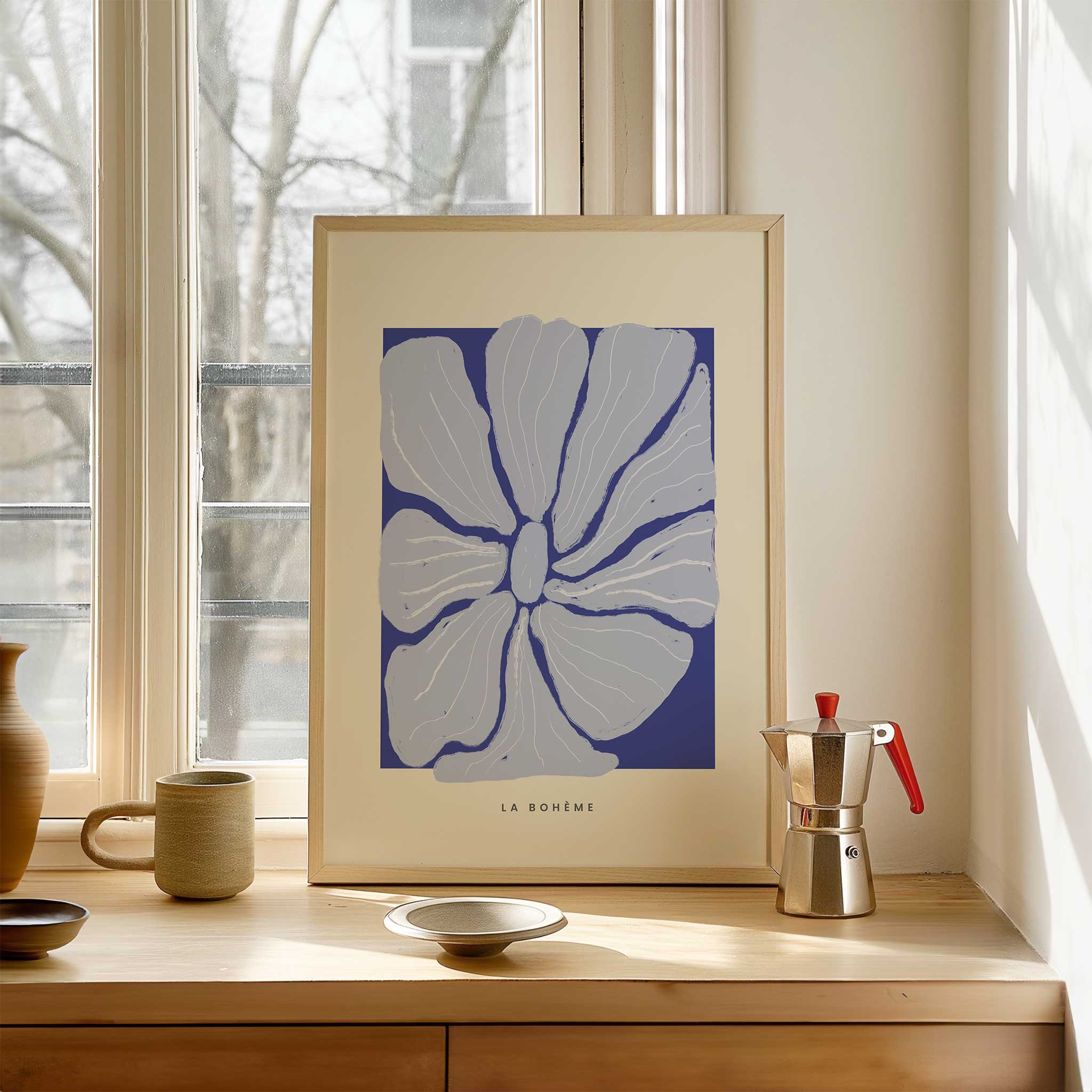Purple and blue abstract 'Les Formes Blossom', vibrant wall art for a modern living room aesthetic, titled 'Les Formes Blossom'
