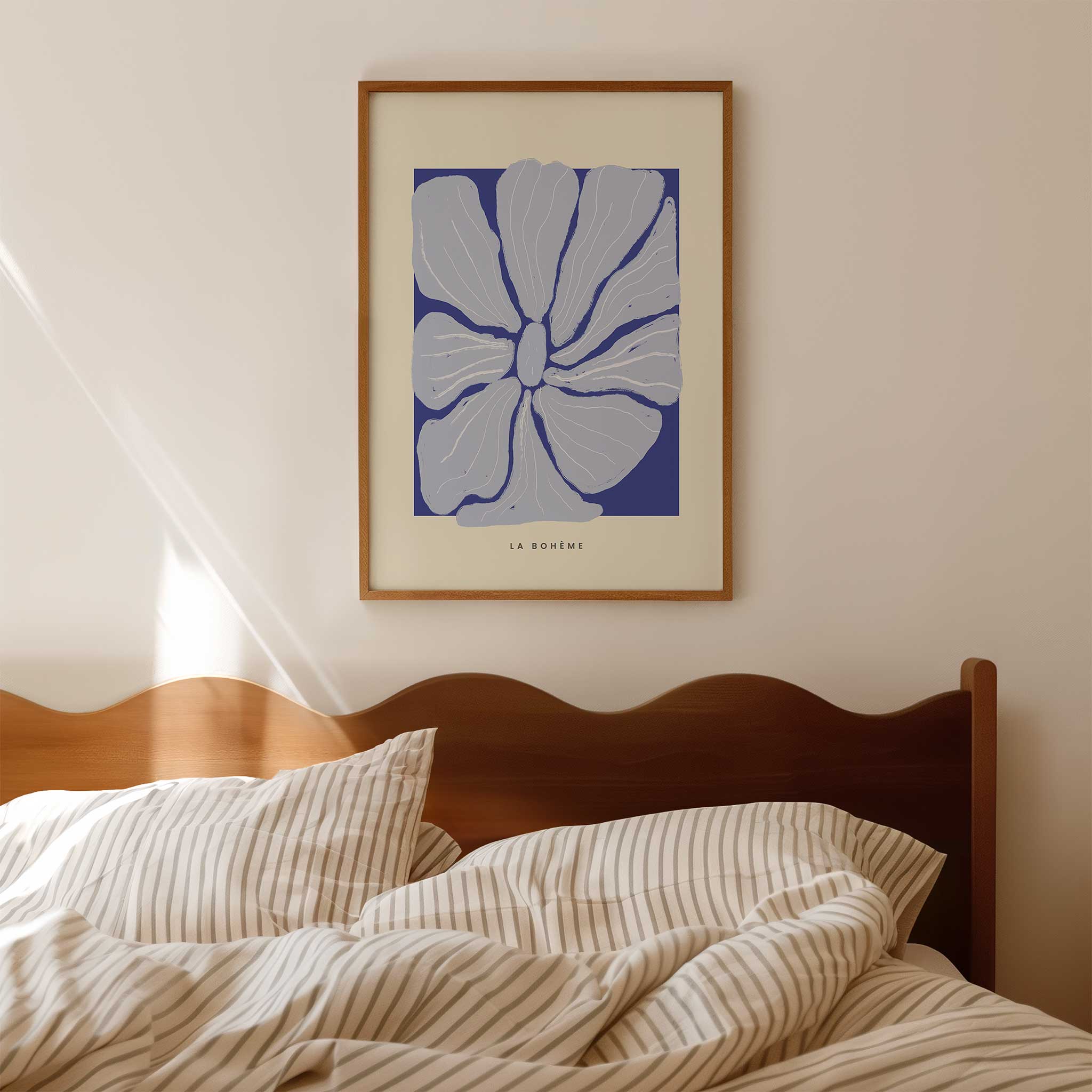Purple and blue abstract 'Les Formes Blossom', vibrant wall art for a modern living room aesthetic, titled 'Les Formes Blossom'