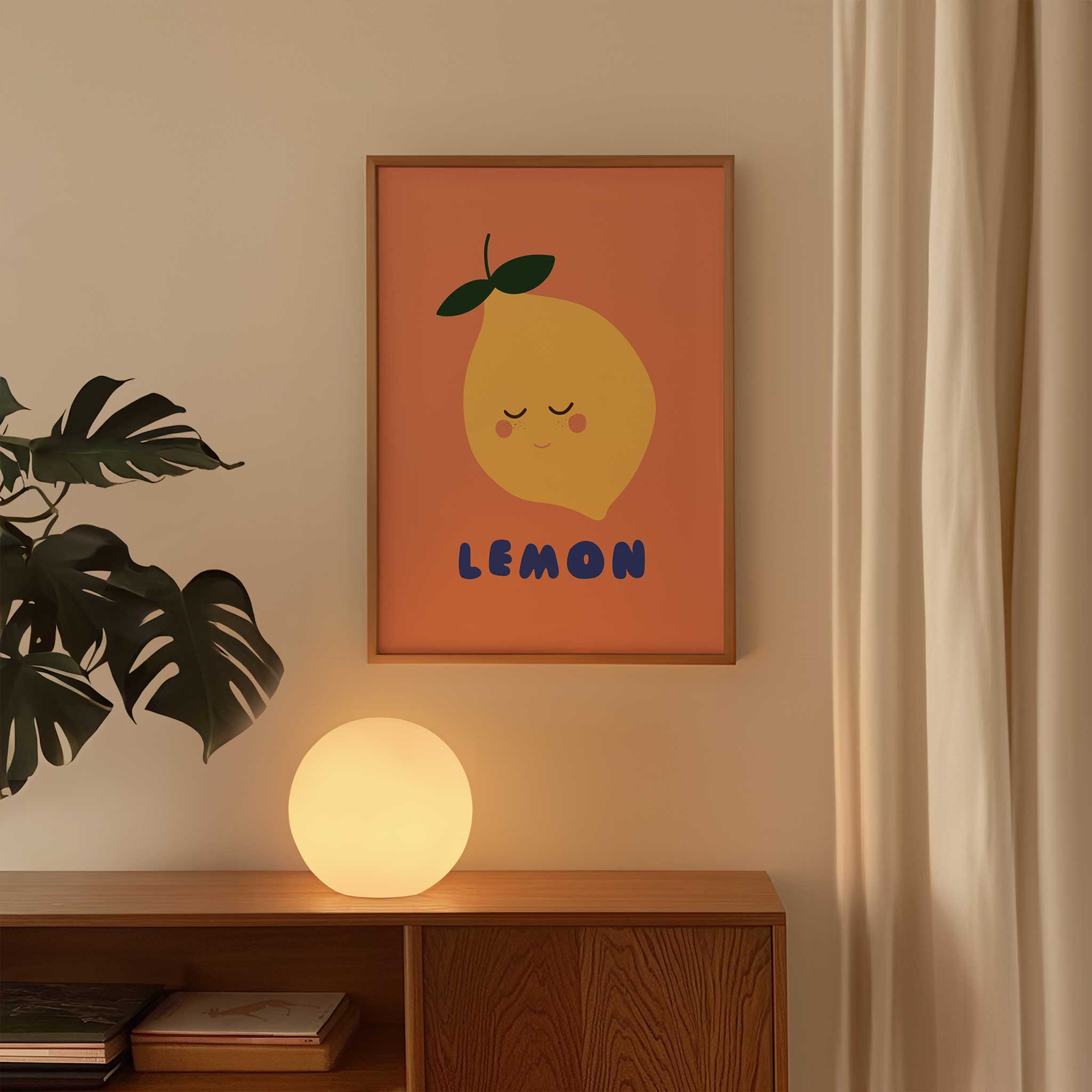 Sleepy lemon illustration, 'Smiling Lemon - Cute Fruit Print,' zesty minimalist wall art for nursery aesthetic, titled 'Smiling Lemon - Cute Fruit Print'