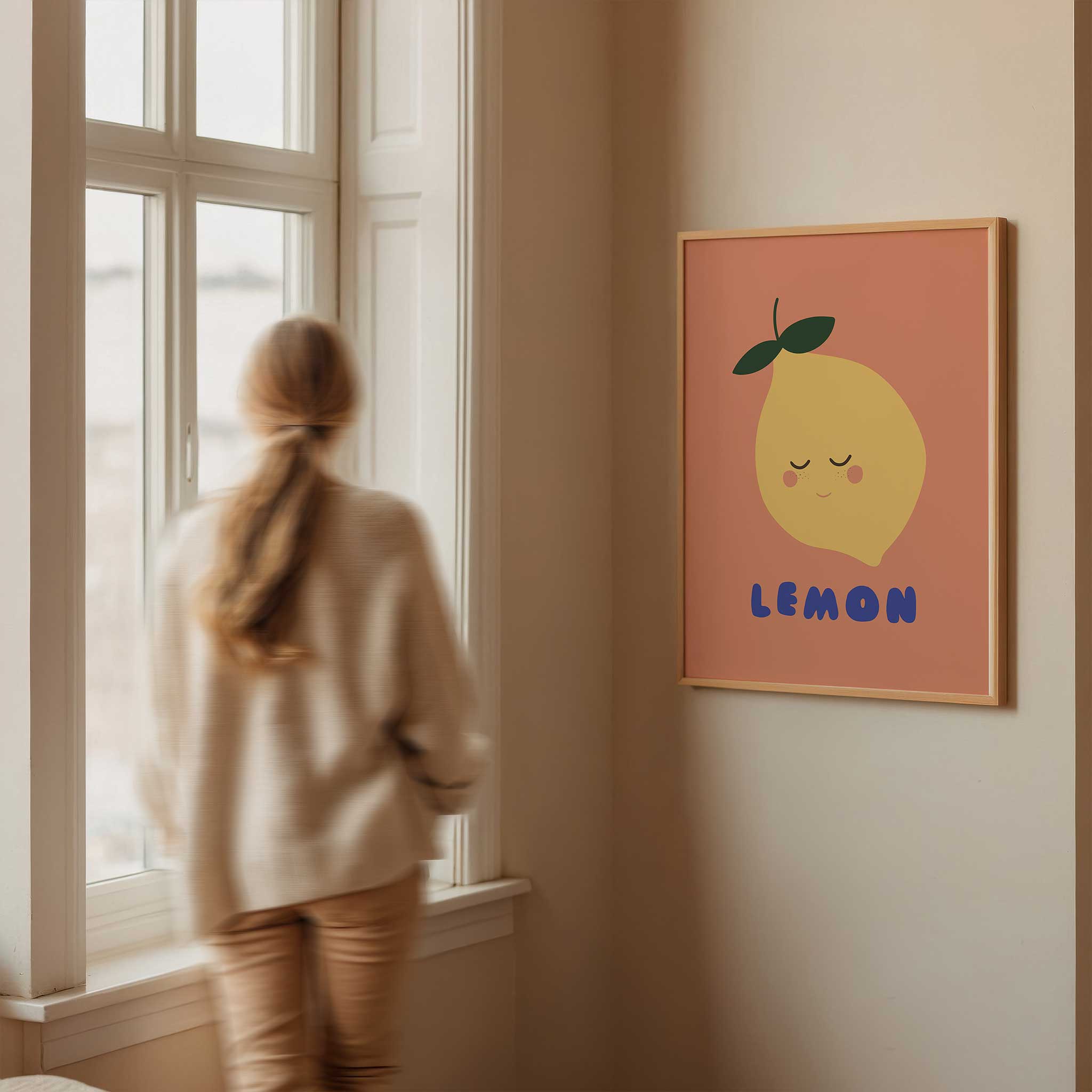Sleepy lemon illustration, 'Smiling Lemon - Cute Fruit Print,' zesty minimalist wall art for nursery aesthetic, titled 'Smiling Lemon - Cute Fruit Print'
