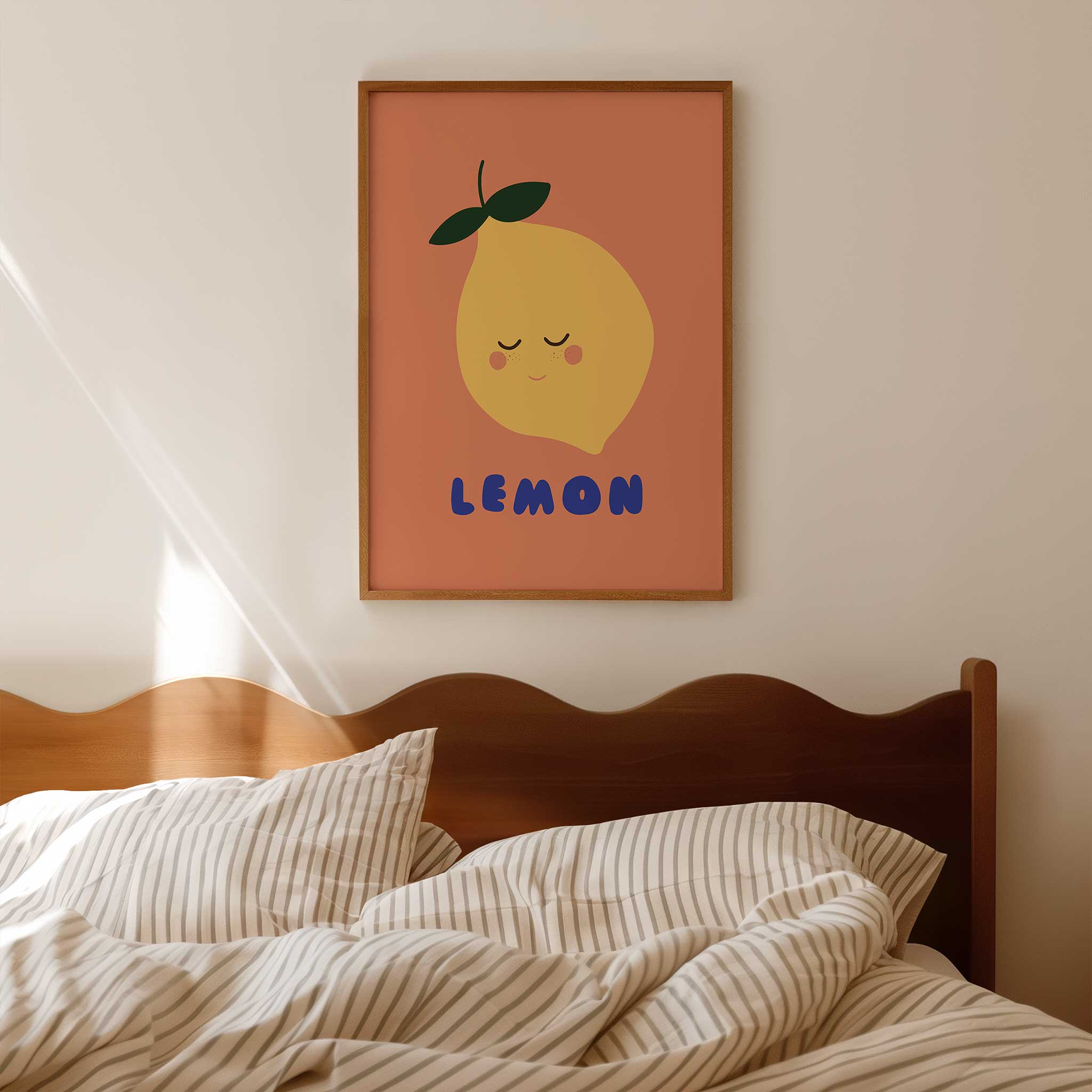 Sleepy lemon illustration, 'Smiling Lemon - Cute Fruit Print,' zesty minimalist wall art for nursery aesthetic, titled 'Smiling Lemon - Cute Fruit Print'