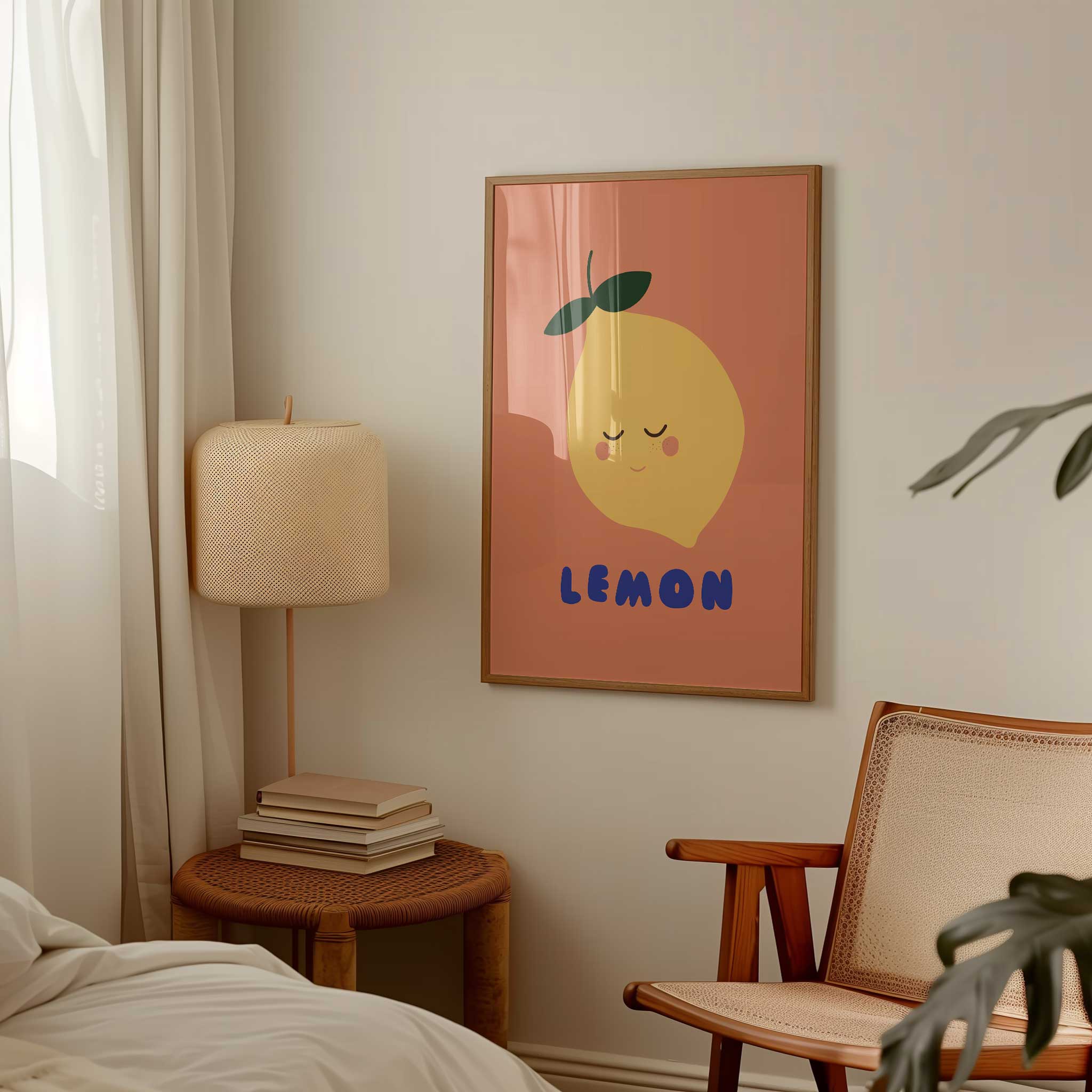 Sleepy lemon illustration, 'Smiling Lemon - Cute Fruit Print,' zesty minimalist wall art for nursery aesthetic, titled 'Smiling Lemon - Cute Fruit Print'