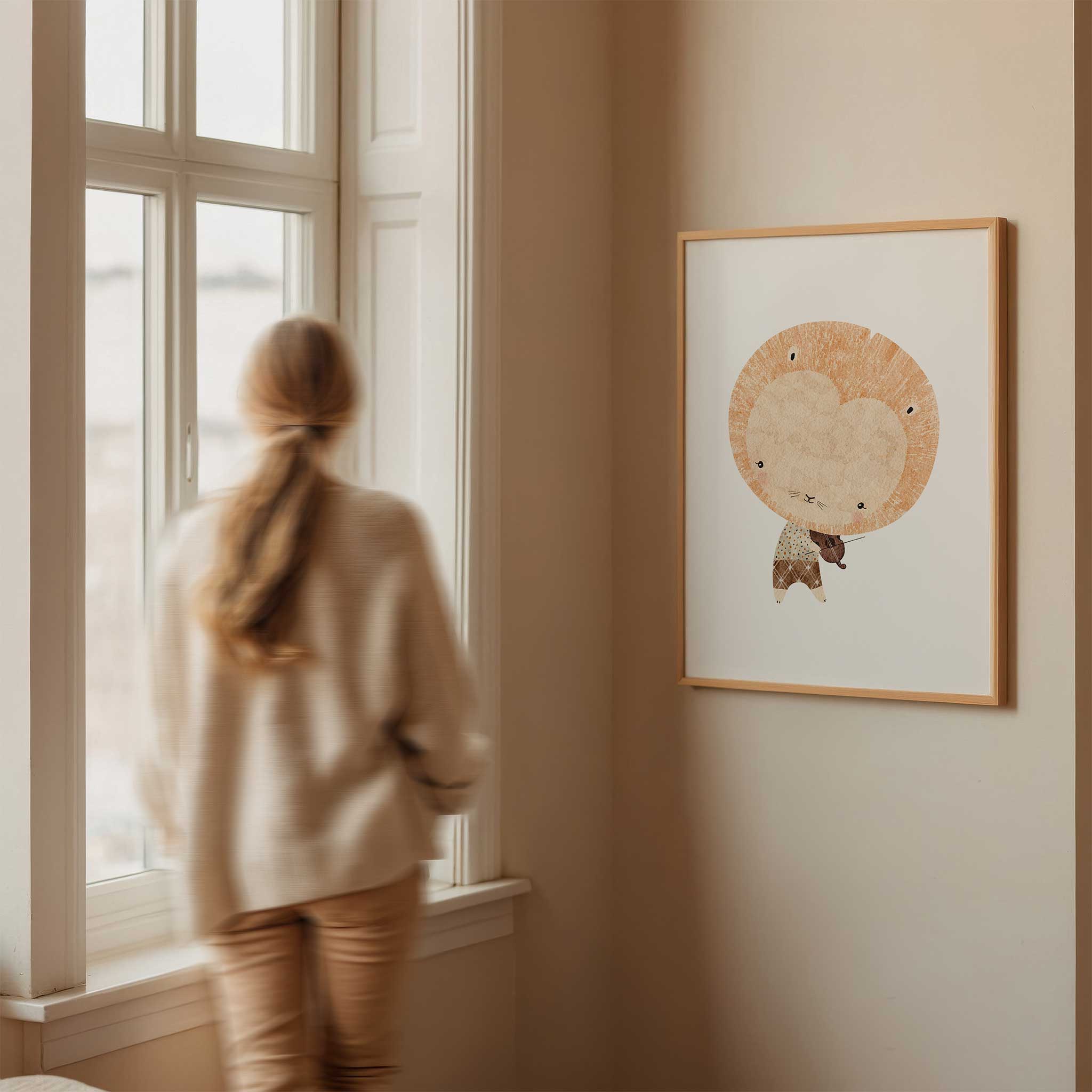 Delightful 'Little Lion Musician' with violin, charming framed wall art print for nursery and kids' room decor, titled 'Little Lion Musician'