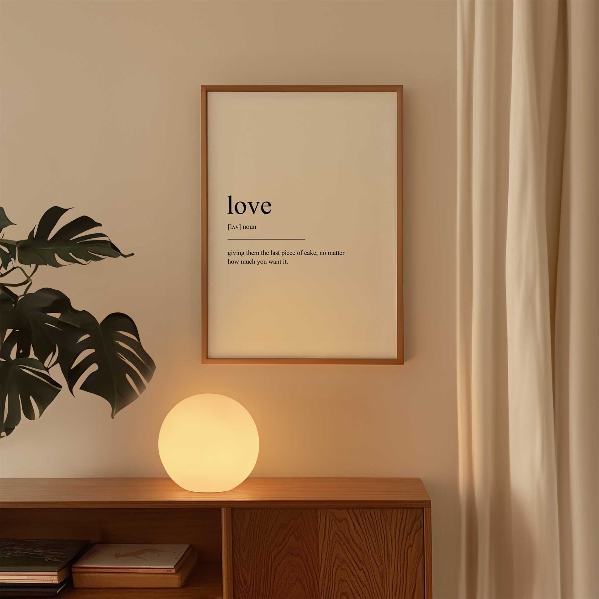 Love Definition' (cake) typography, minimalist print for couples' aesthetic decor, titled 'Love Definition'