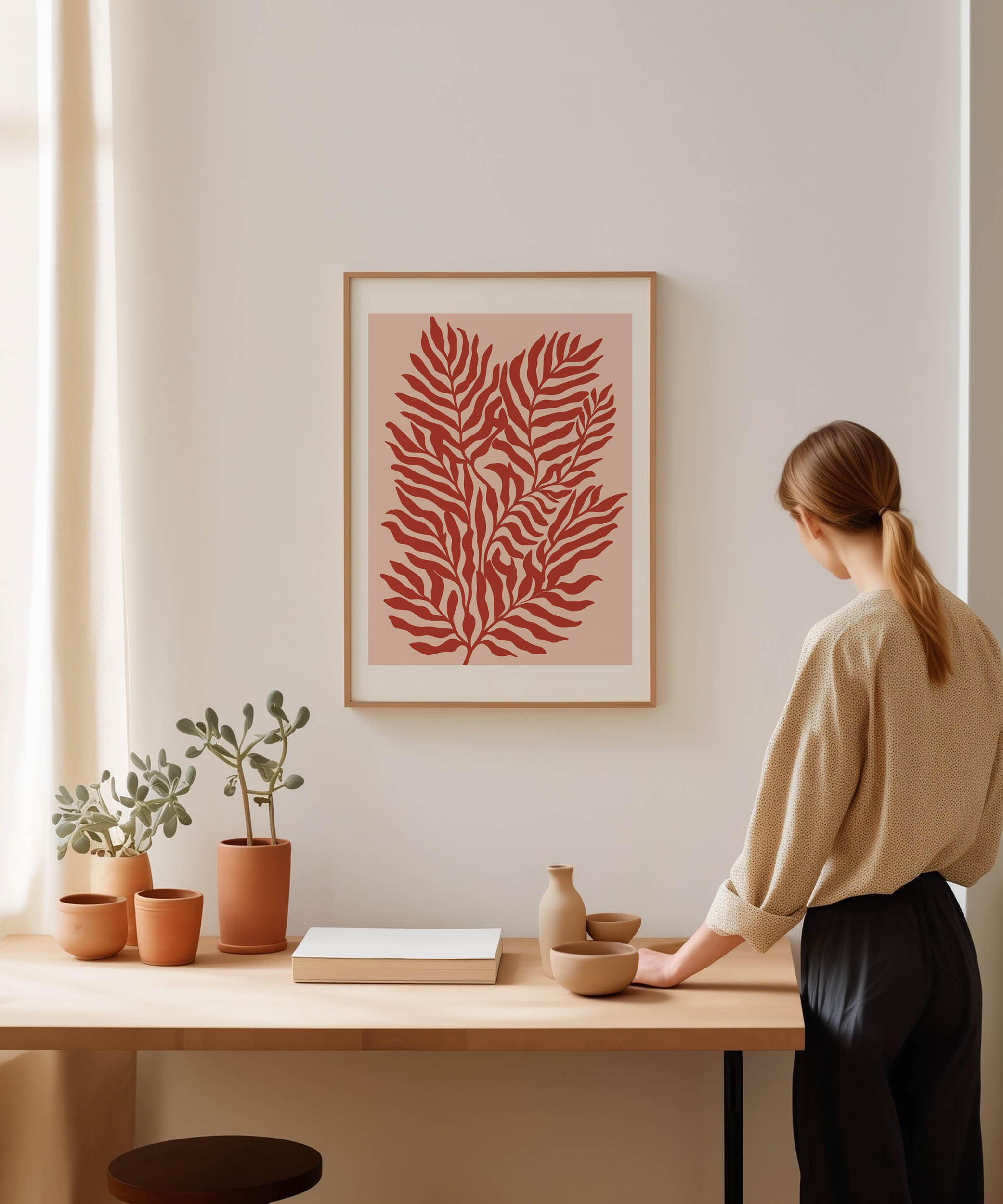 Vibrant red botanical 'Red Plants Print,' modern wall art for a bold living room aesthetic.