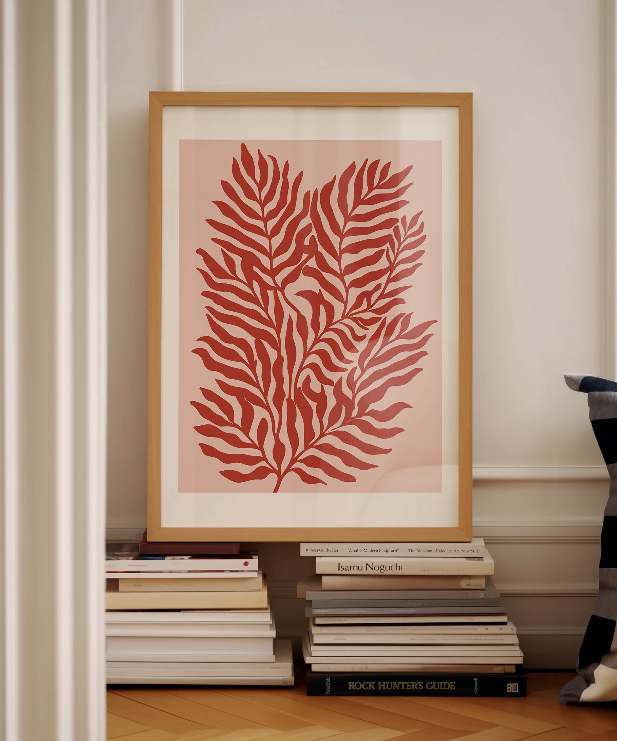 Vibrant red botanical 'Red Plants Print,' modern wall art for a bold living room aesthetic.