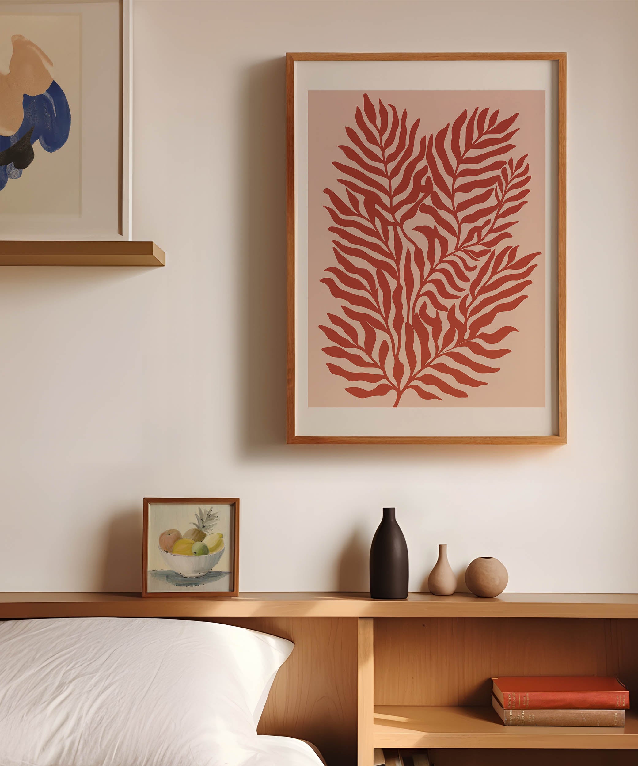 Vibrant red botanical 'Red Plants Print,' modern wall art for a bold living room aesthetic.