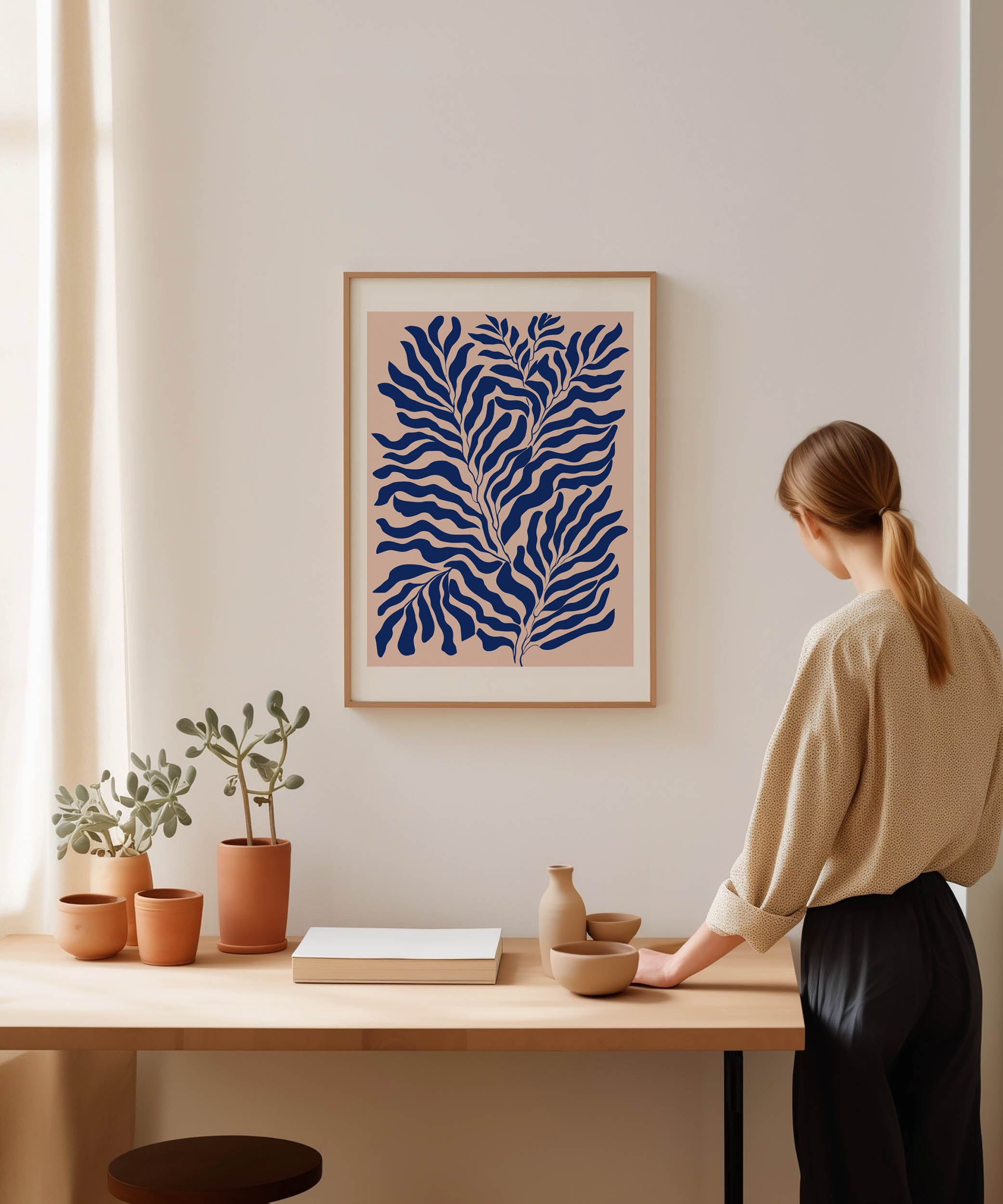 Stylish 'Blue Plants Print' botanical illustration, modern wall decor with a nature aesthetic.