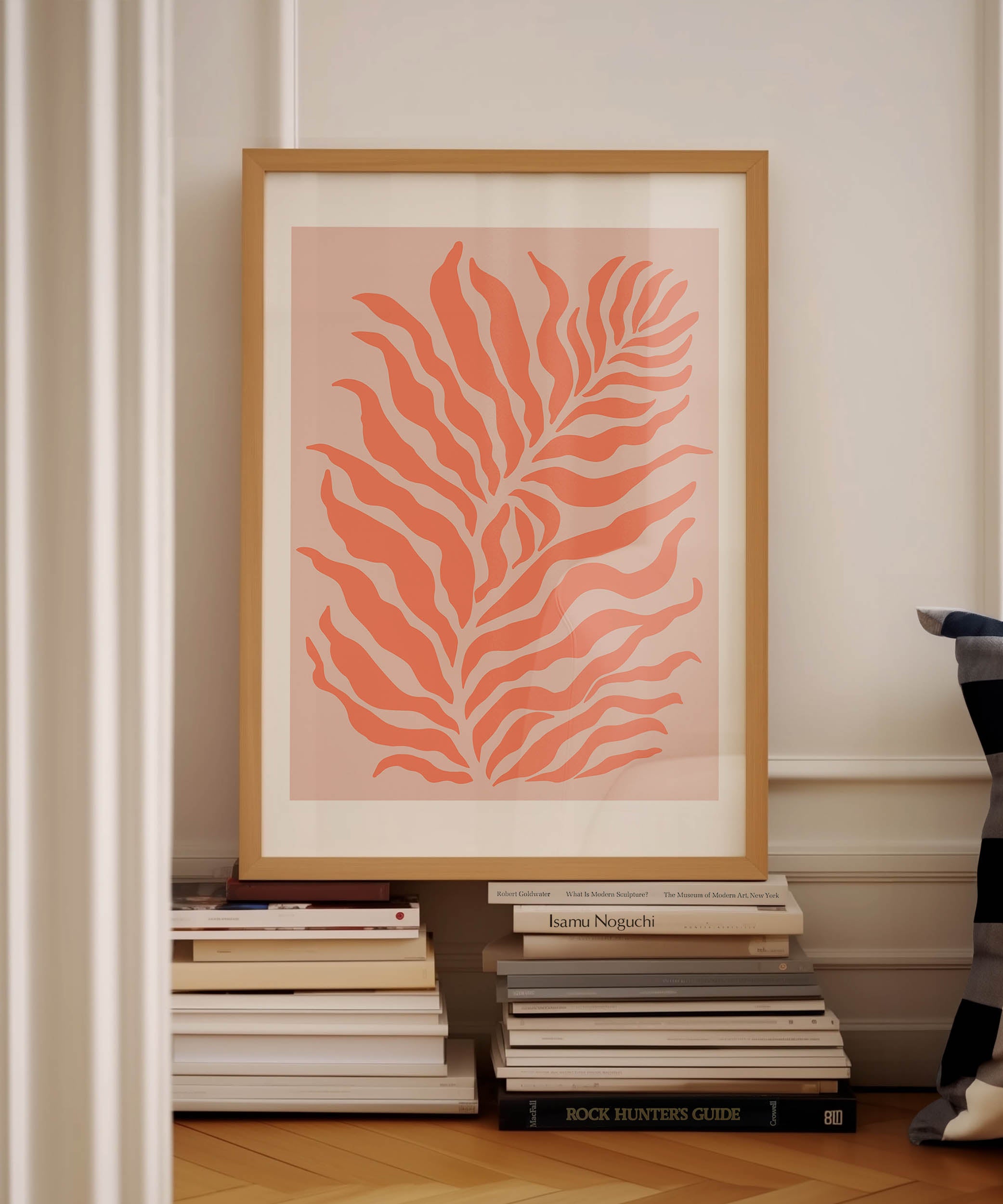 Warm salmon botanical 'Salmon Plants Print,' modern wall art for an earthy living room aesthetic.