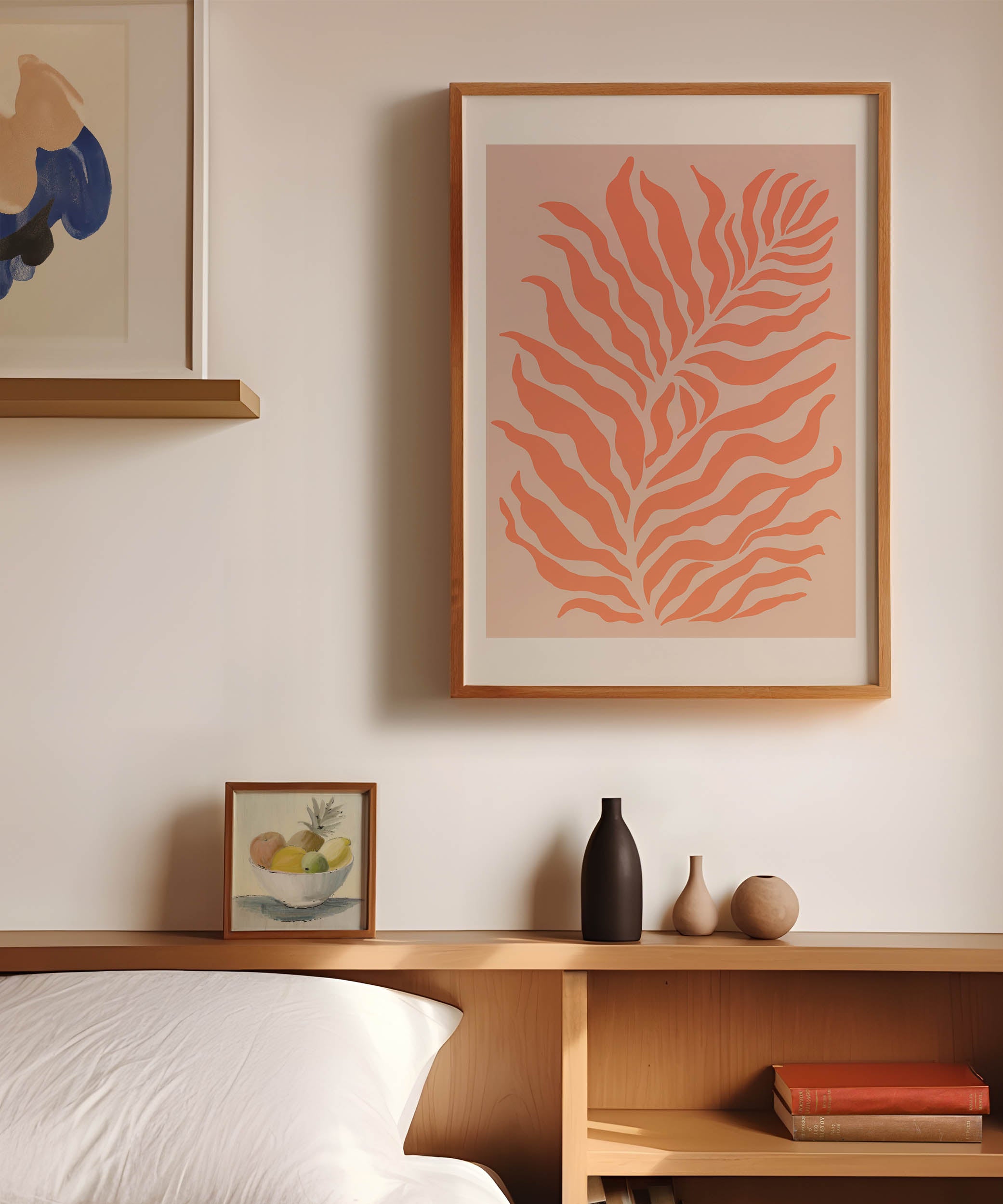 Warm salmon botanical 'Salmon Plants Print,' modern wall art for an earthy living room aesthetic.
