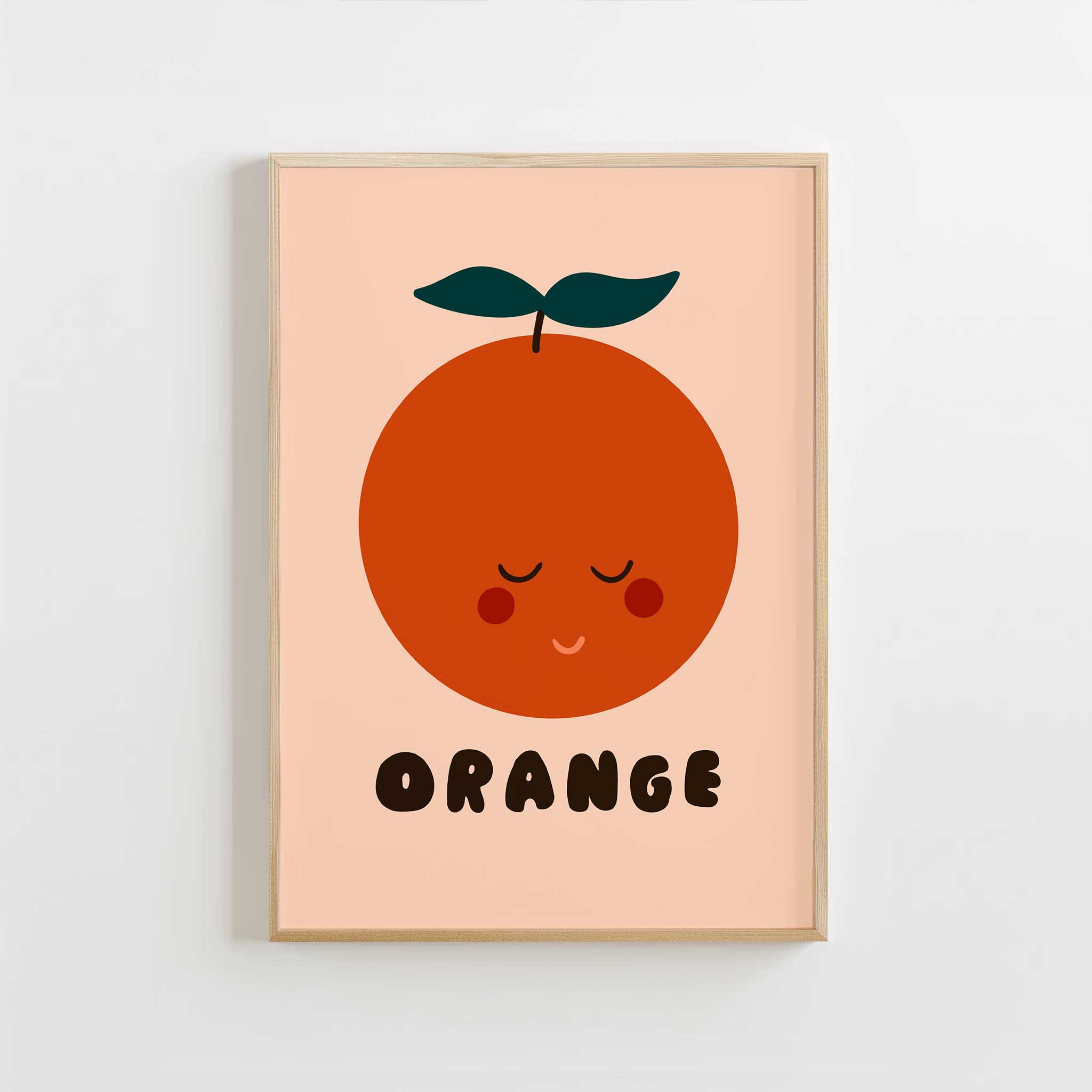Sleepy orange illustration, 'Peaceful Orange - Cute Fruit Print,' calm aesthetic canvas print style for kids' room, titled 'Peaceful Orange - Cute Fruit Print'