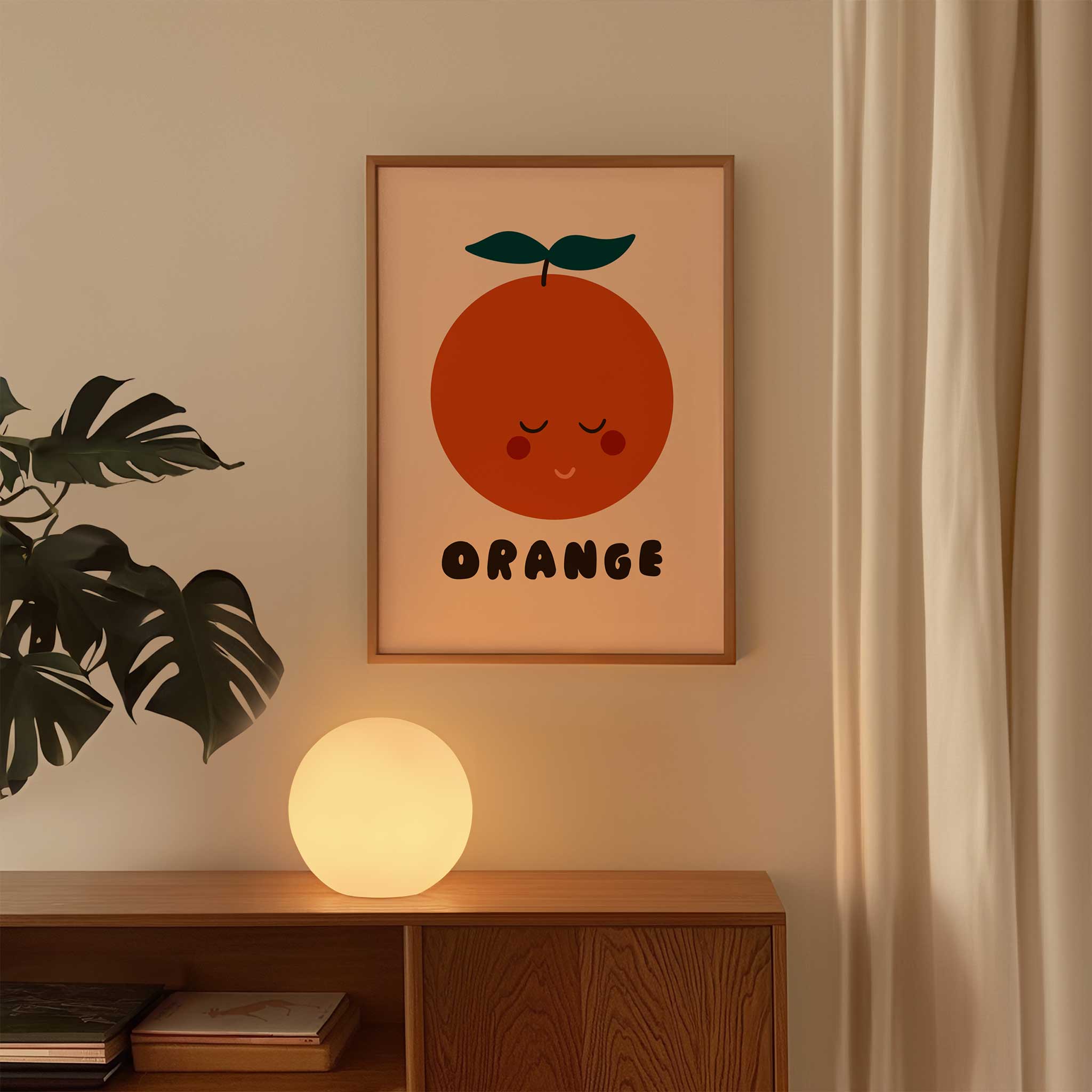 Sleepy orange illustration, 'Peaceful Orange - Cute Fruit Print,' calm aesthetic canvas print style for kids' room, titled 'Peaceful Orange - Cute Fruit Print'