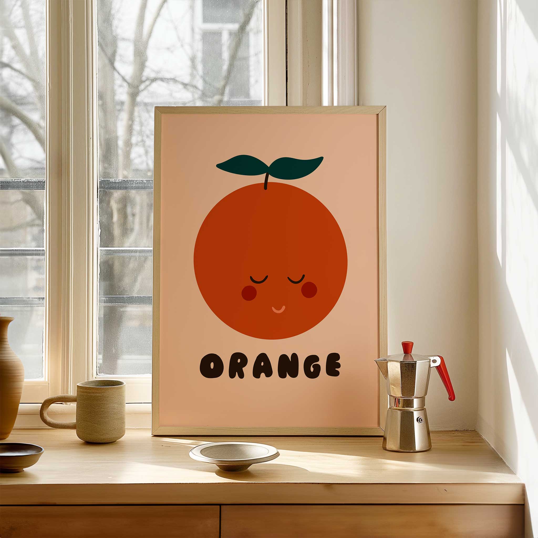 Sleepy orange illustration, 'Peaceful Orange - Cute Fruit Print,' calm aesthetic canvas print style for kids' room, titled 'Peaceful Orange - Cute Fruit Print'