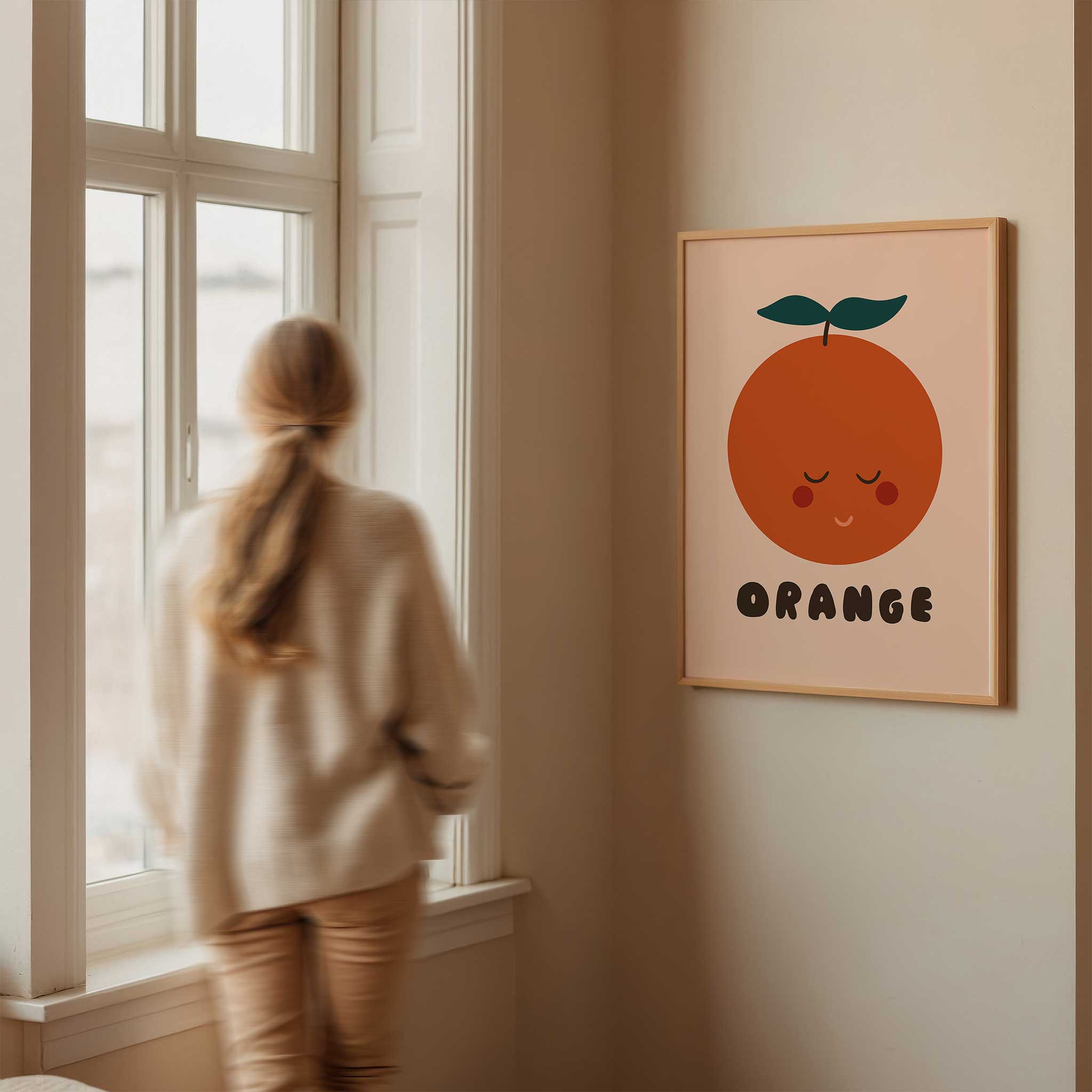 Sleepy orange illustration, 'Peaceful Orange - Cute Fruit Print,' calm aesthetic canvas print style for kids' room, titled 'Peaceful Orange - Cute Fruit Print'