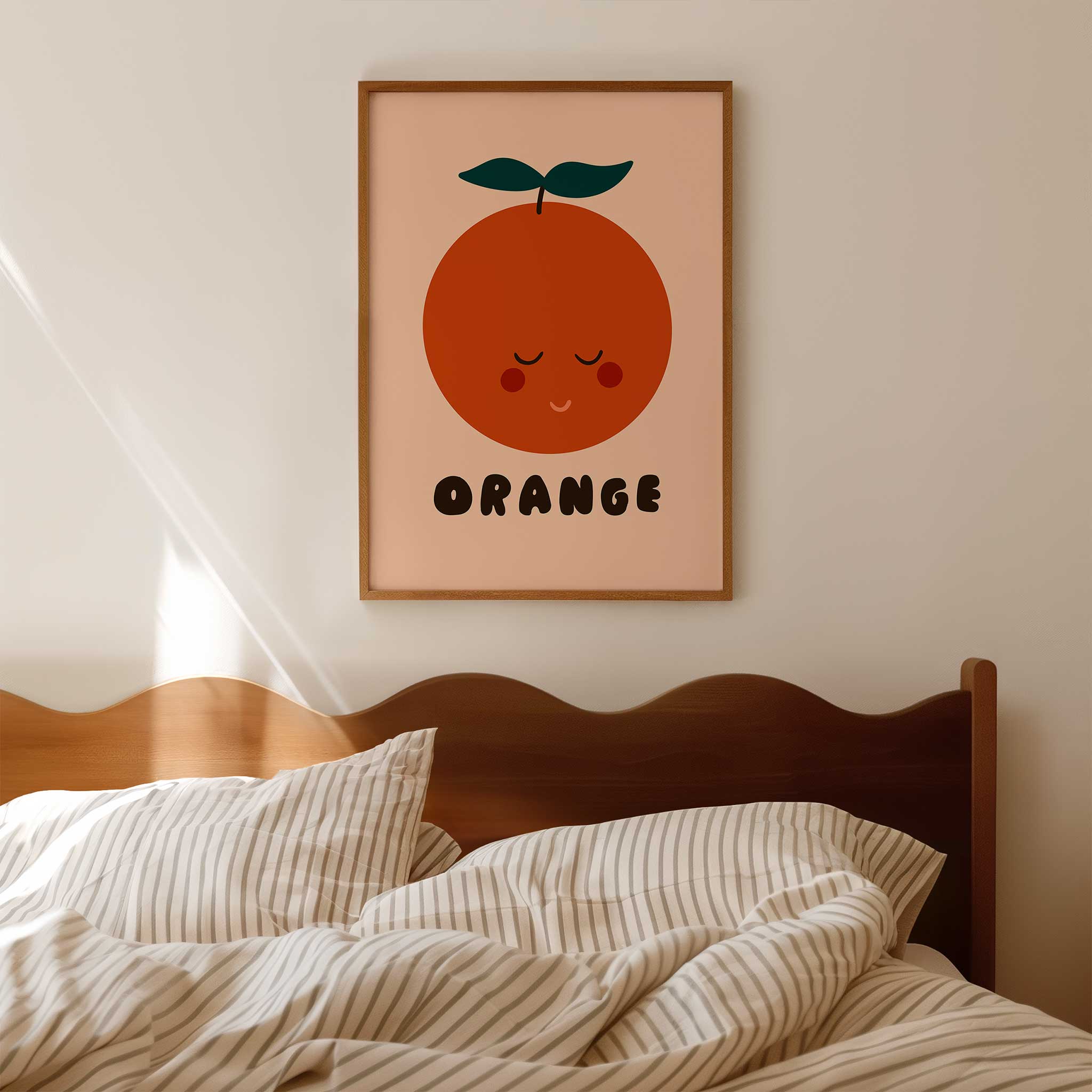 Sleepy orange illustration, 'Peaceful Orange - Cute Fruit Print,' calm aesthetic canvas print style for kids' room, titled 'Peaceful Orange - Cute Fruit Print'