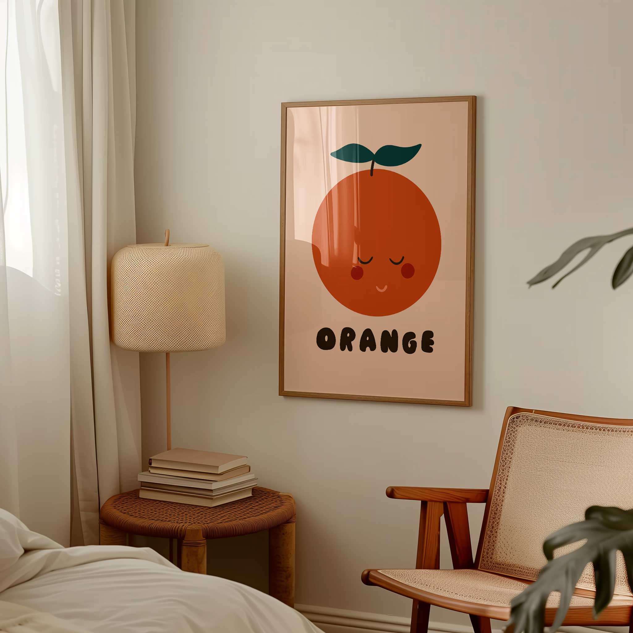 Sleepy orange illustration, 'Peaceful Orange - Cute Fruit Print,' calm aesthetic canvas print style for kids' room, titled 'Peaceful Orange - Cute Fruit Print'