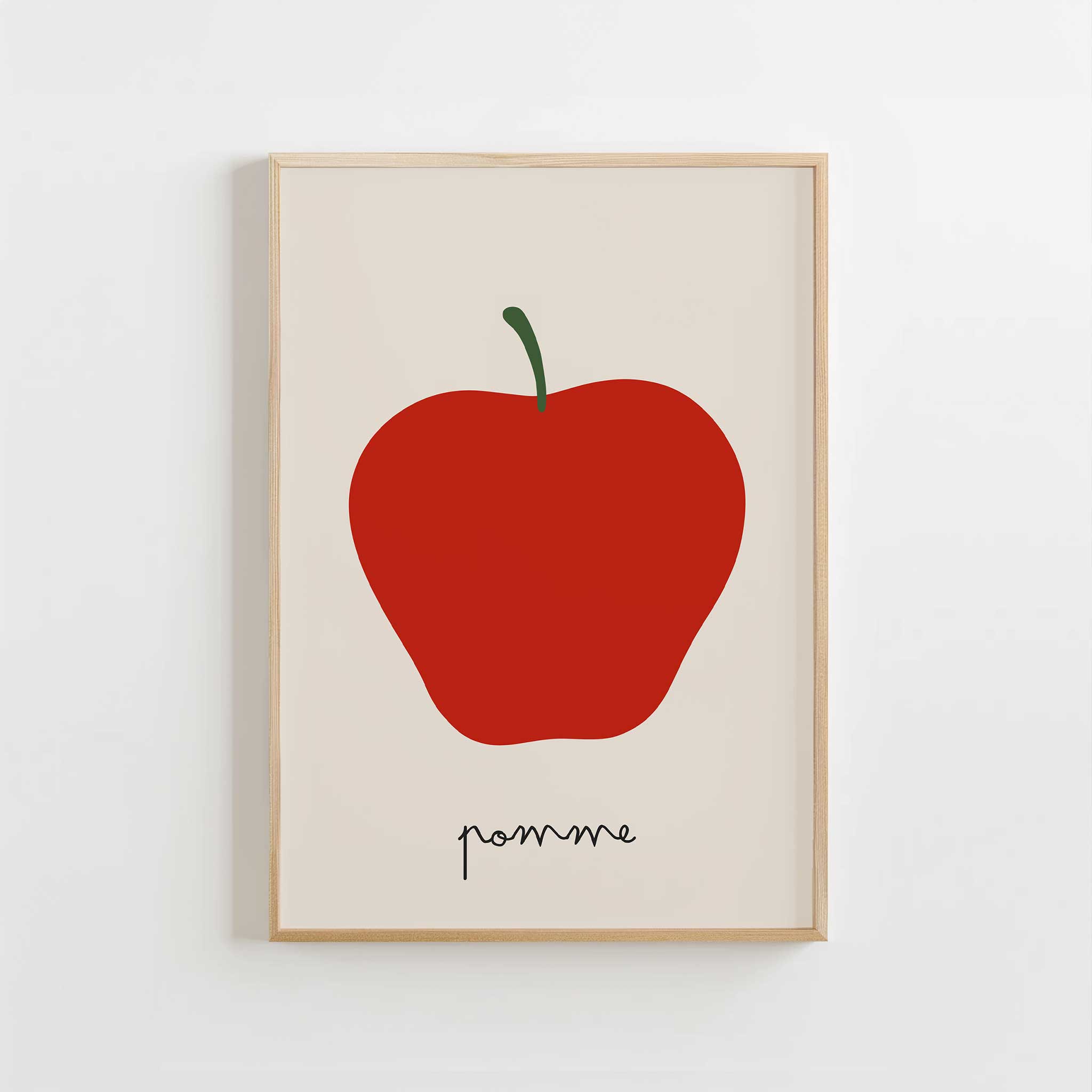 Red apple illustration, 'Pomme - Minimal Fruit Print,' bold minimalist wall art for dining room aesthetic, titled 'Pomme - Minimal Fruit Print'