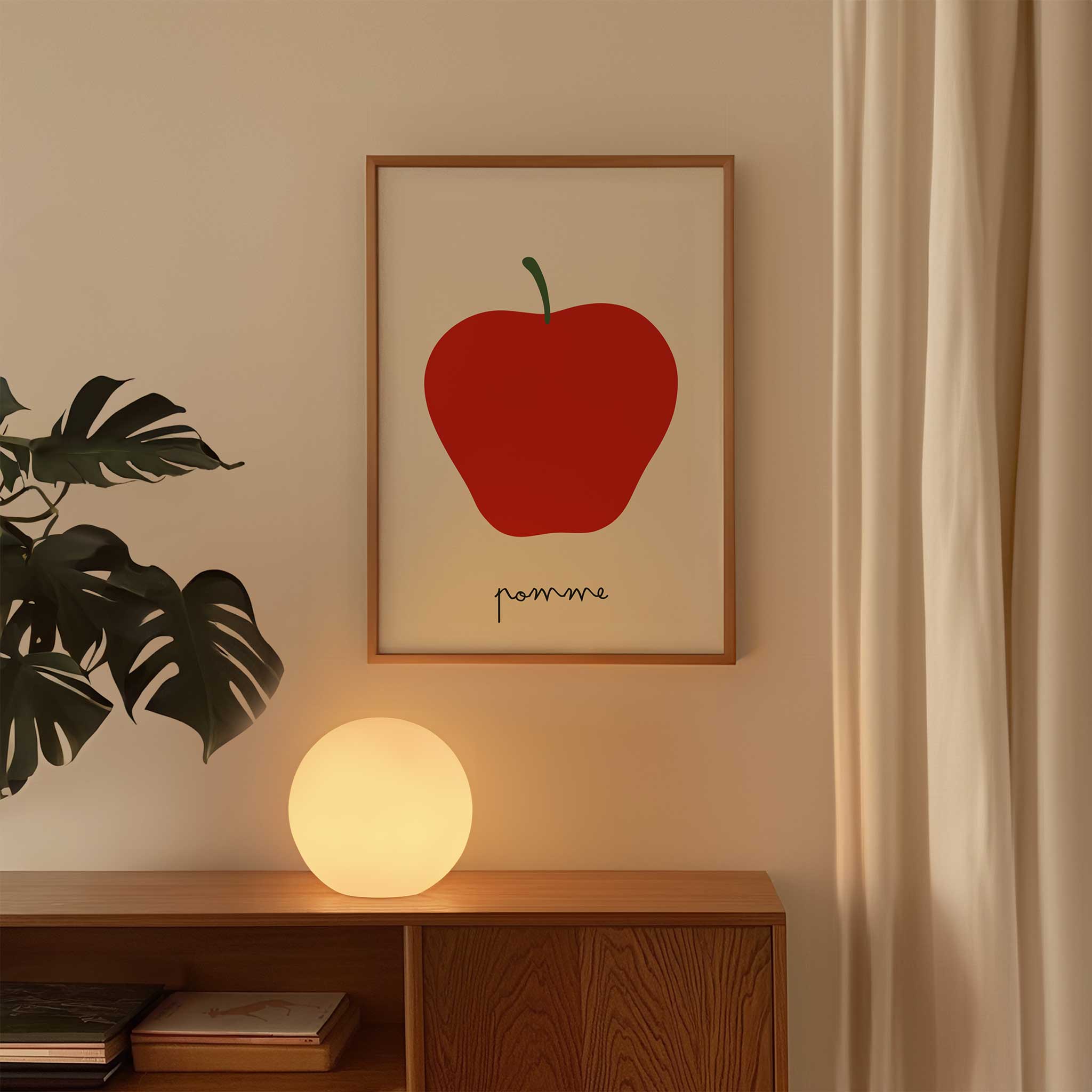 Red apple illustration, 'Pomme - Minimal Fruit Print,' bold minimalist wall art for dining room aesthetic, titled 'Pomme - Minimal Fruit Print'