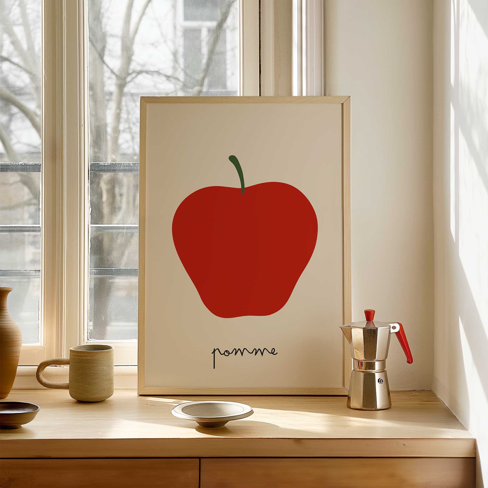 Red apple illustration, 'Pomme - Minimal Fruit Print,' bold minimalist wall art for dining room aesthetic, titled 'Pomme - Minimal Fruit Print'