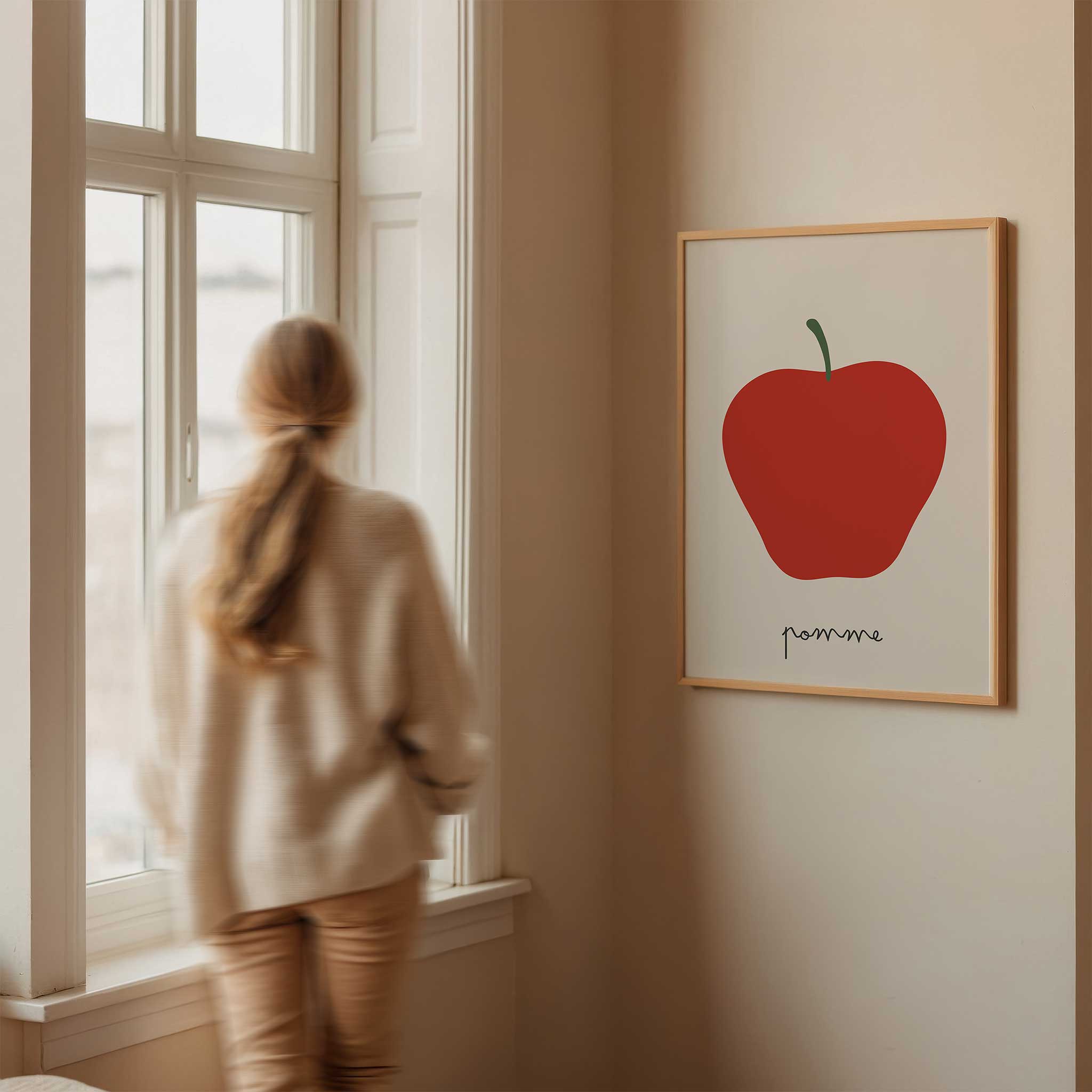 Red apple illustration, 'Pomme - Minimal Fruit Print,' bold minimalist wall art for dining room aesthetic, titled 'Pomme - Minimal Fruit Print'