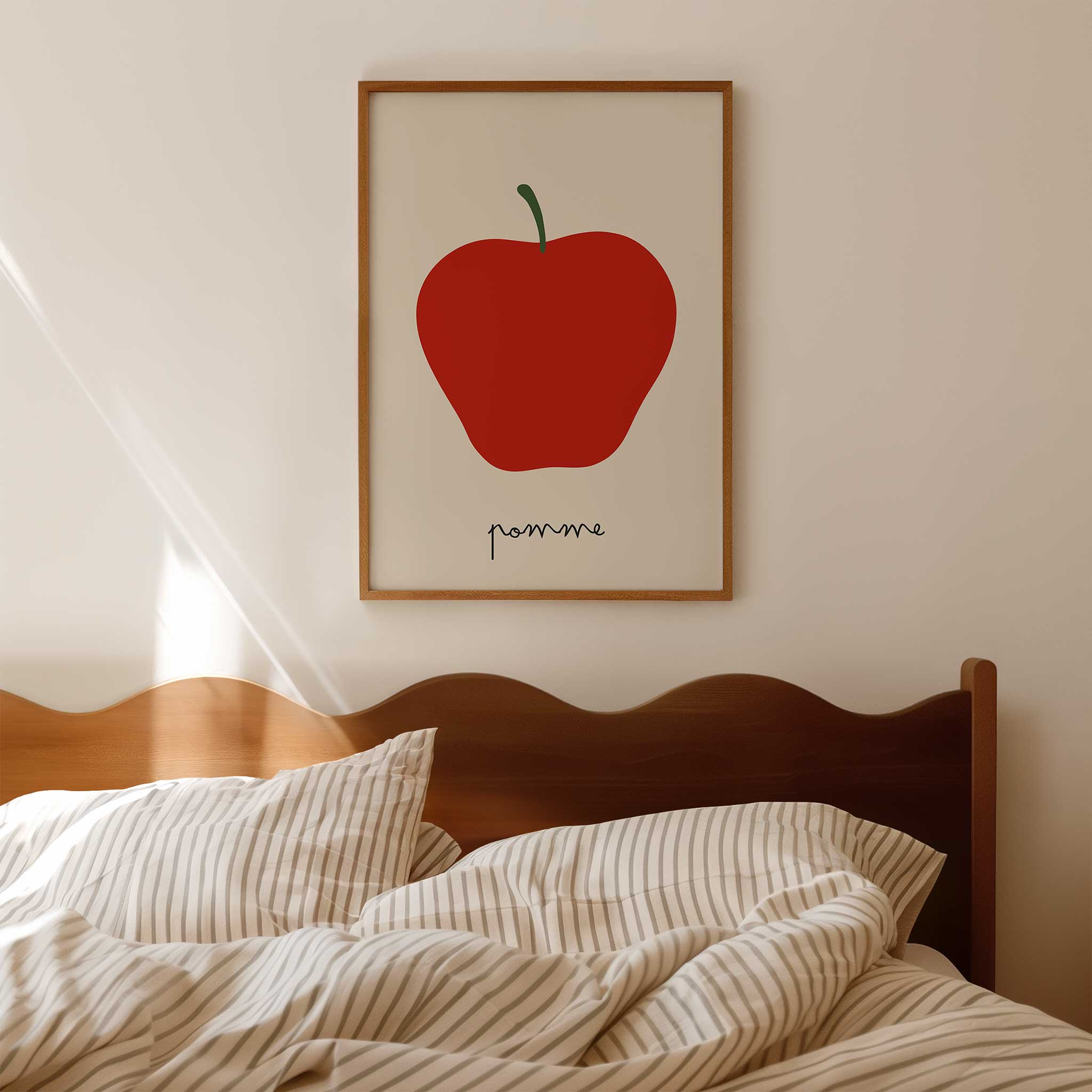 Red apple illustration, 'Pomme - Minimal Fruit Print,' bold minimalist wall art for dining room aesthetic, titled 'Pomme - Minimal Fruit Print'